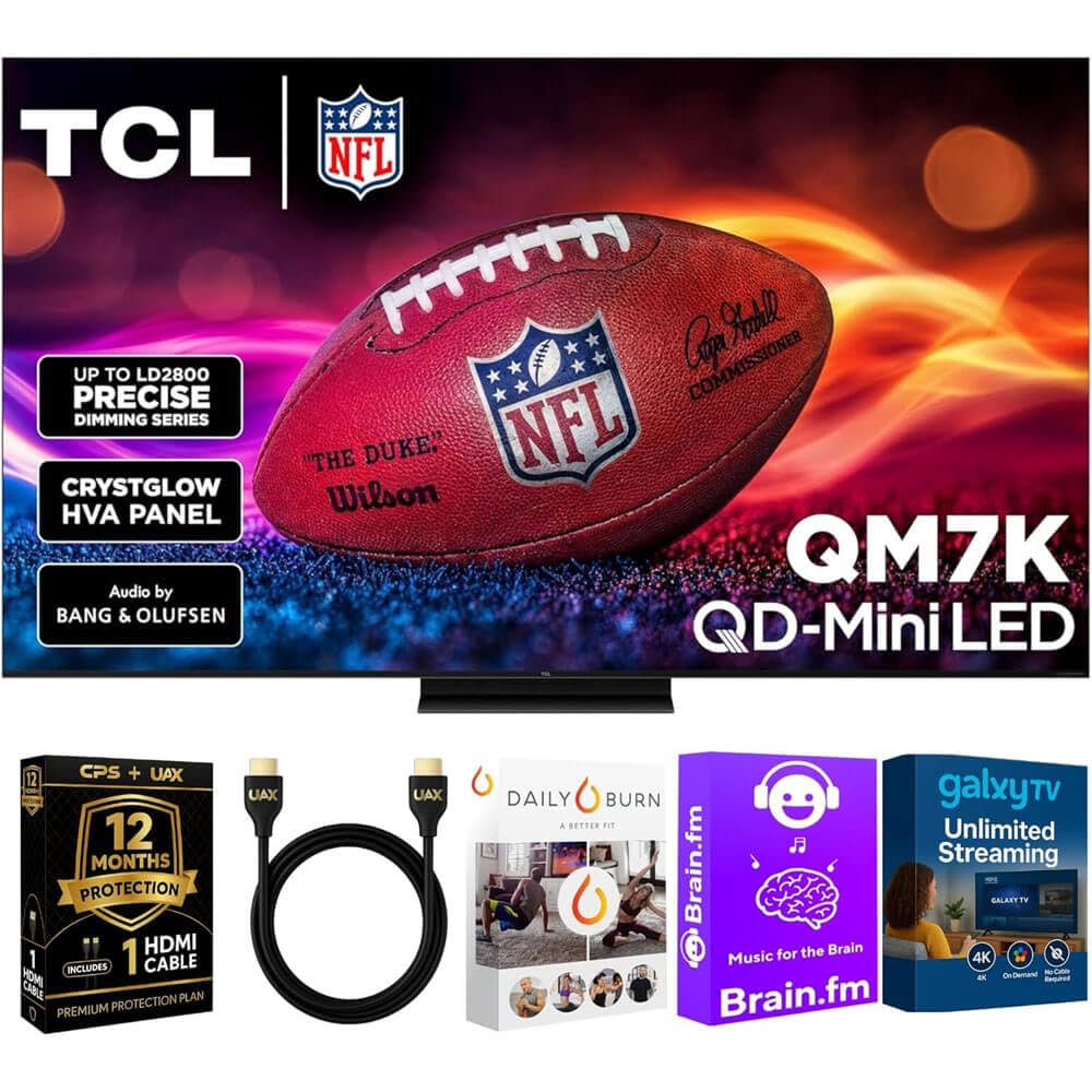 TCL 55-Inch QM7K QD Mini LED Smart Google TV - Dolby Vision , Dolby Atmos, HDR, Game Accelerator 288 Hz, Alexa Compatible w/ 12 Month CPS Protection, AUX HDMI Cable, Streaming