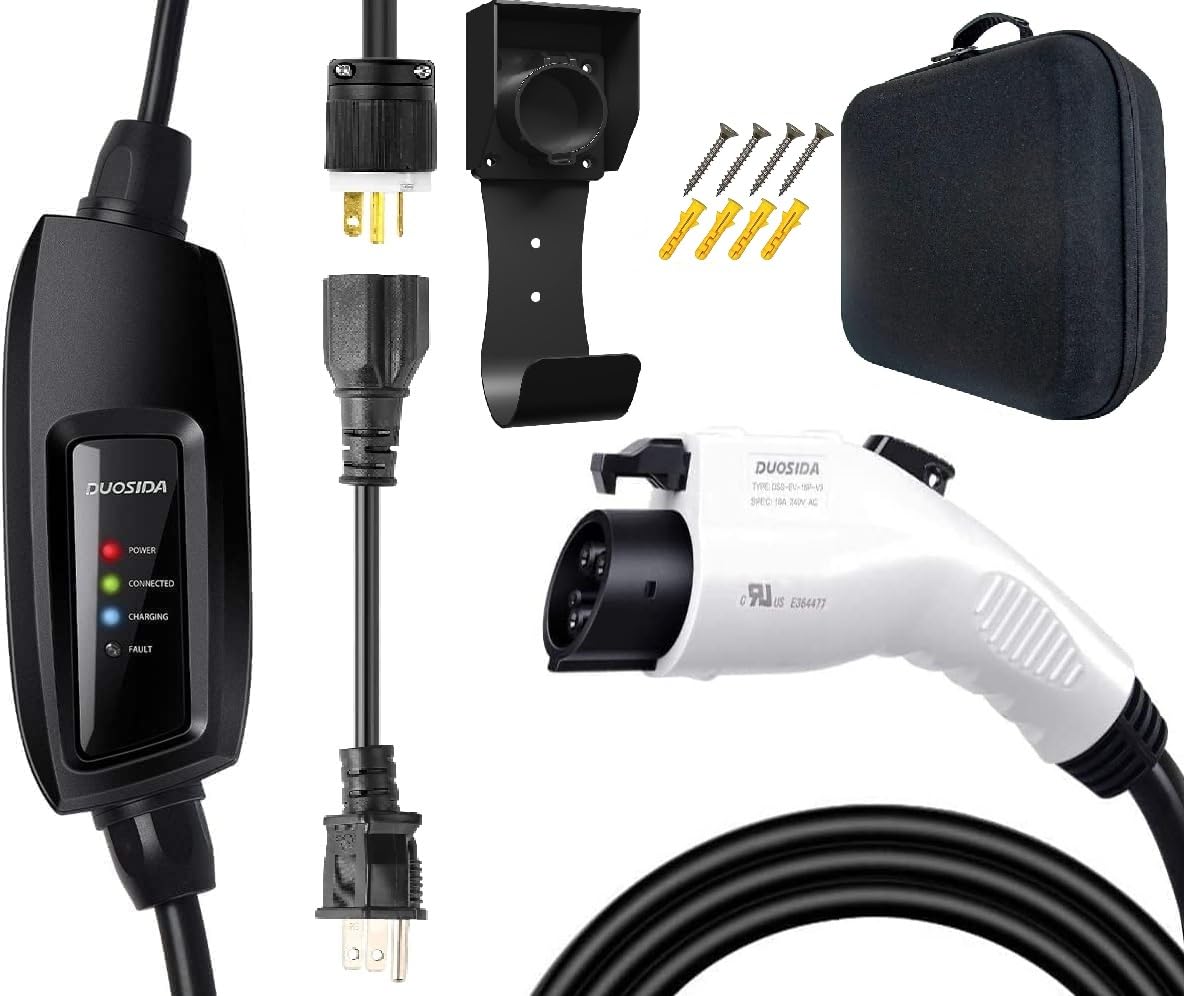 2025 Edition Duosida EV Charger Level 1 & 2 (16A 120–240V) | Portable J1772 Home Charger | NEMA 6-20 & 5-15 Adapter | 25FT Cable | Compatible with All EVs Including Tesla (with Adapter)