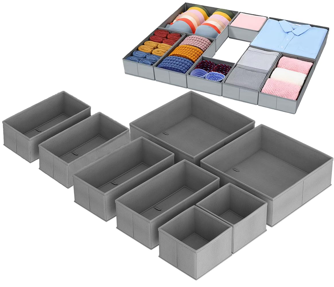 CLOUDFOUR Storage Organizer Boxes 8 Pack, Wardrobe Organizer, Drawer Organizer, Foldable Closet Organizers, Space Saving Drawer Divider Organizer for Bra, Socks, Underwear, Scarf, Baby Clothes (Grey.)