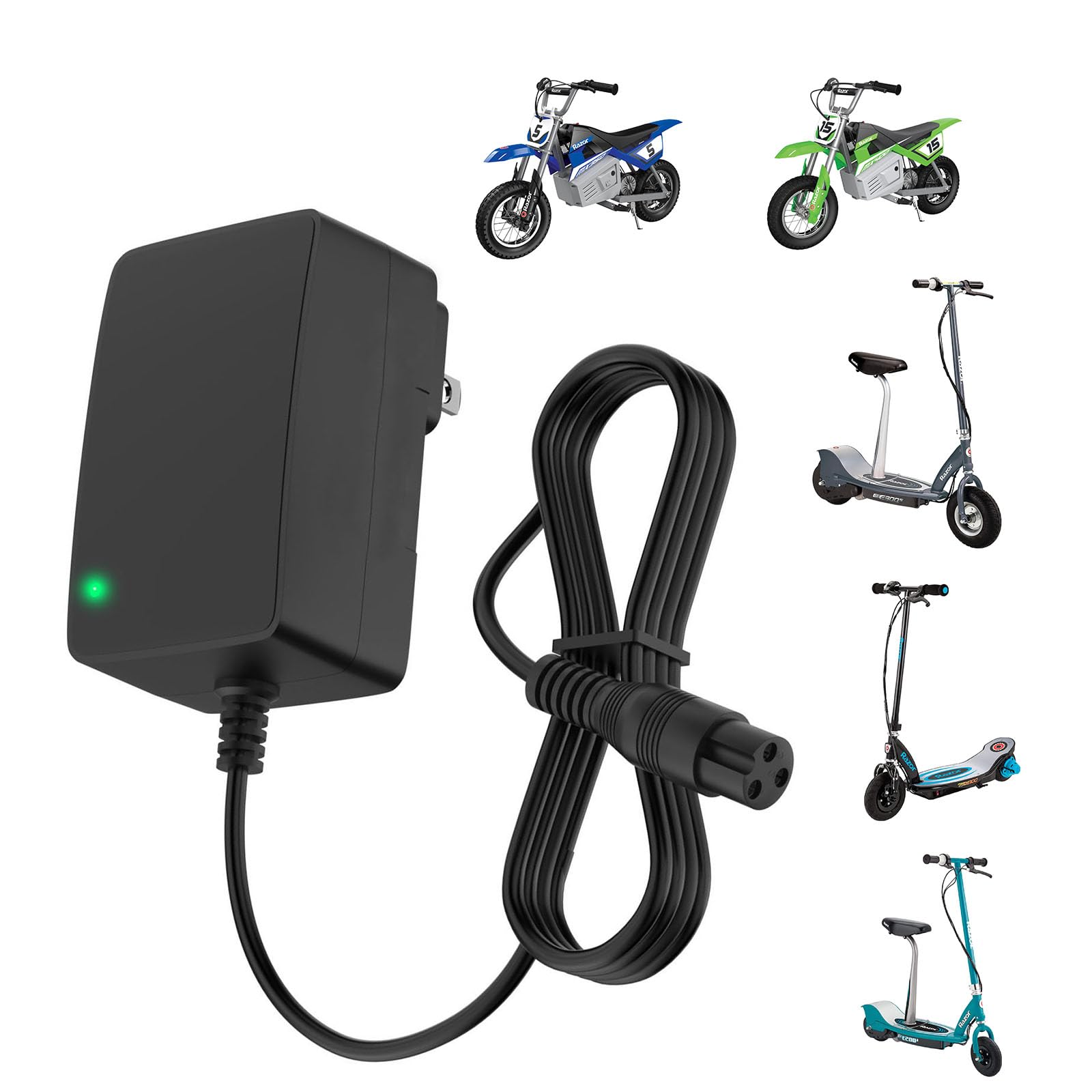 for Razor MX350 Dirt Bike Charger, 24V Electric Scooter Cord for E300, E100, E200 Pocket Mod, MX400 Dirt Quad, Moped, Motorcycle, 4 Wheeler, Electric Scooter, 6.5ft(2M) Power Cable wihe Led