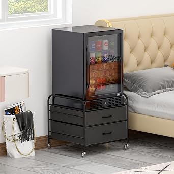 WAYTRIM Mini Fridge Stand with Storage, Kitchen Fridge Stand Mini Fridge Organizer Stand for Dorms Refrigerator Stand with Metal Frame Wooden Tabletop 4 Swivel Wheels for Mobility - Black