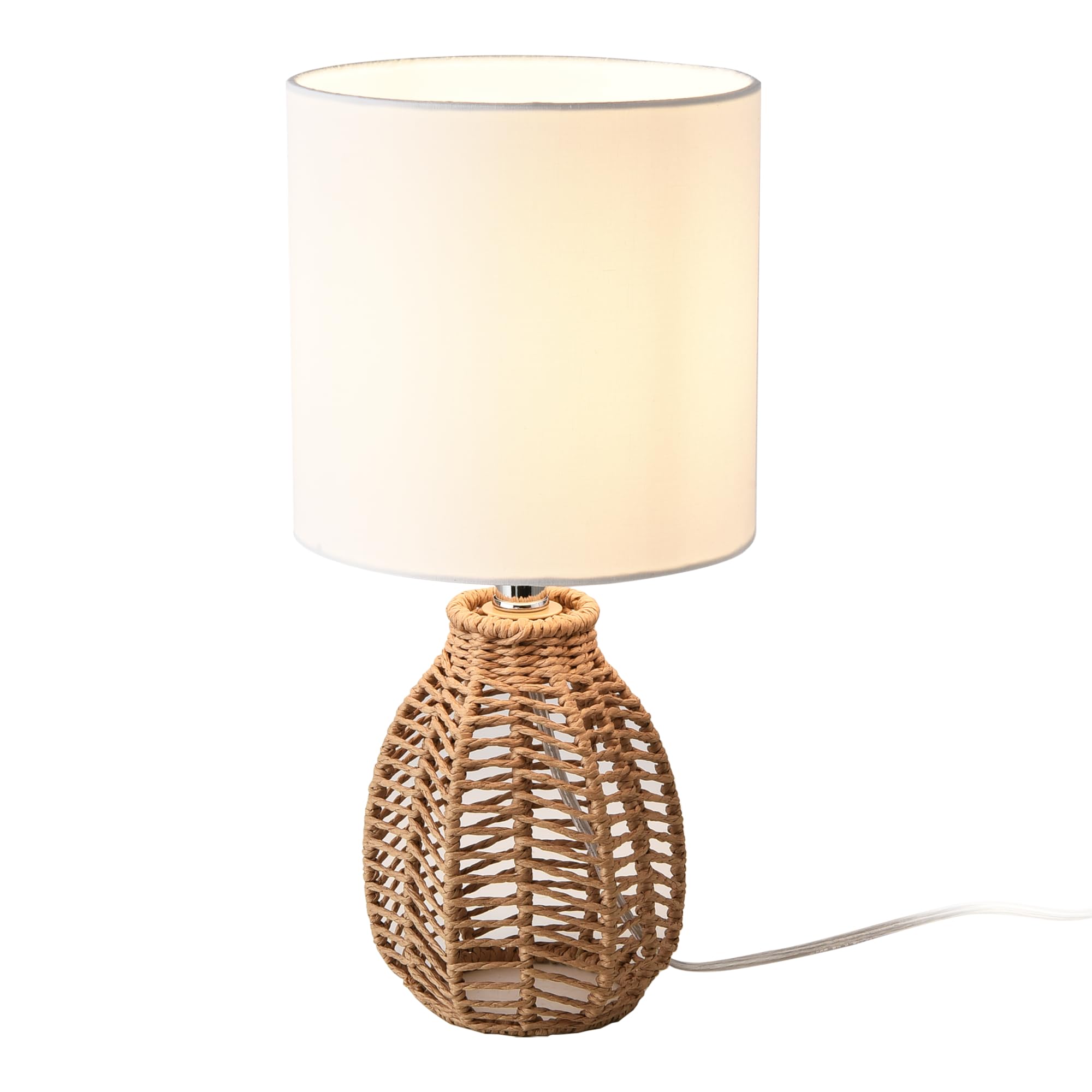 lux.pro Lampada da Comodino Lampada da Tavolo con Paralume Cilindrico in Tessuto Bianco Base Lampada con Corda di Iuta E14 40W