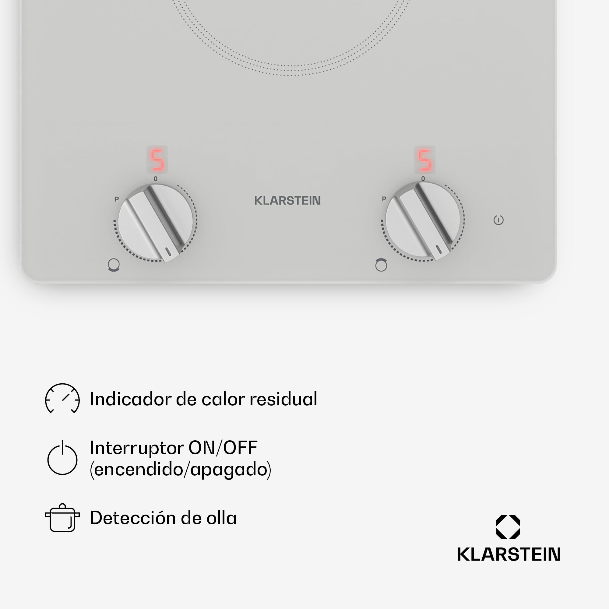 Klarstein Placa Inducción, 30cm - 2 Zonas, 3500W Boost, Mando Giratorio, Indicador Calor Residual, Protección Sobrecalentamiento, Superficie Cristal, Cocina Compacta