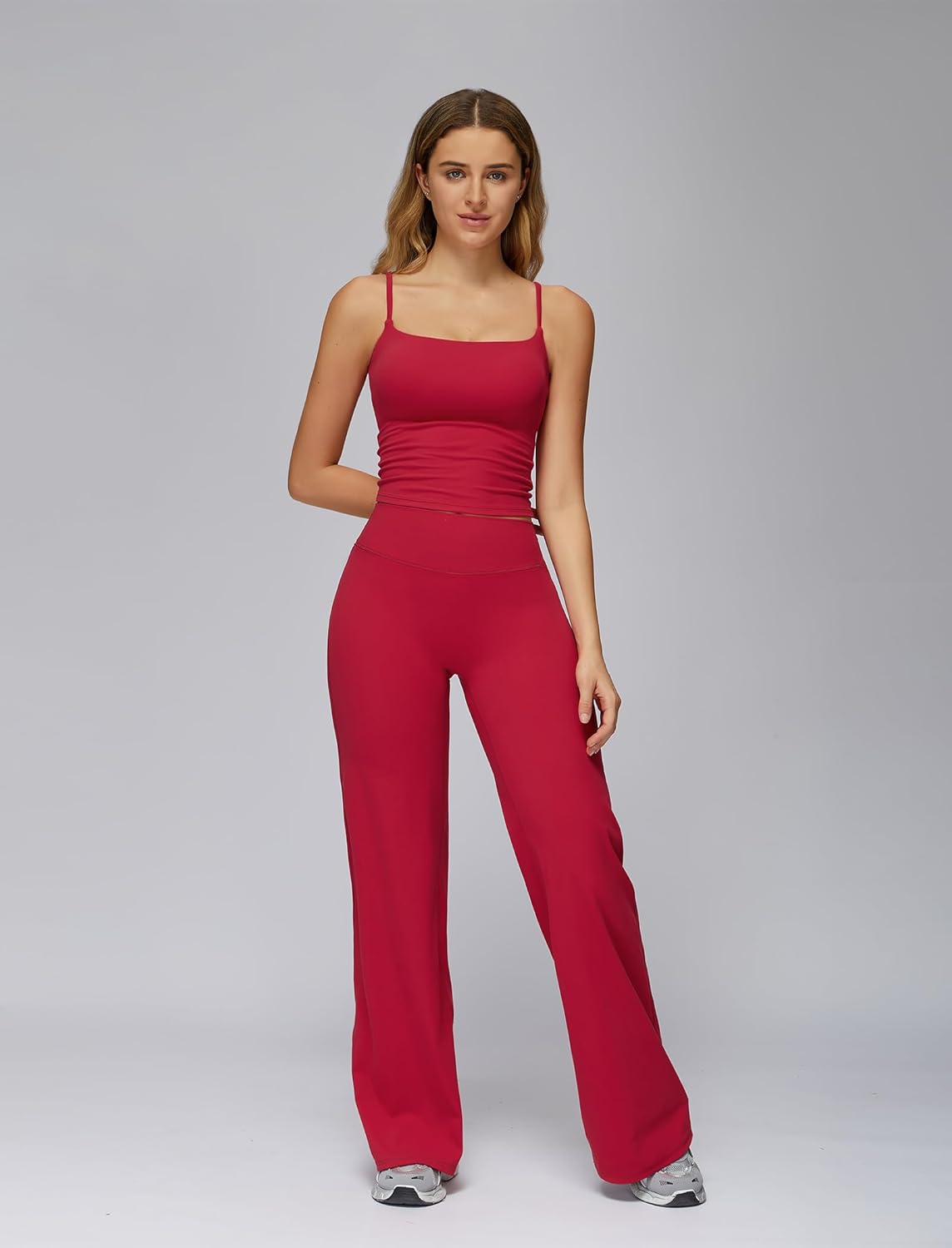 Workout Sets for Women 2 Piece Square Neck Tank Top and Butt-lifting Flare Leggings with Pockets Active Outfits - Image 6