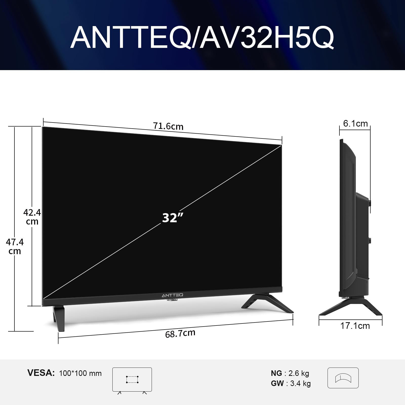 Antteq AV32H5Q Televisore 32 Pollici QLED Smart TV Bluetooth con Triplo Tuner HD (DVB-C/-S2/-T2)，App Store, Netflix, Prime Video, Rakuten TV, DAZN, YouTube, e altro