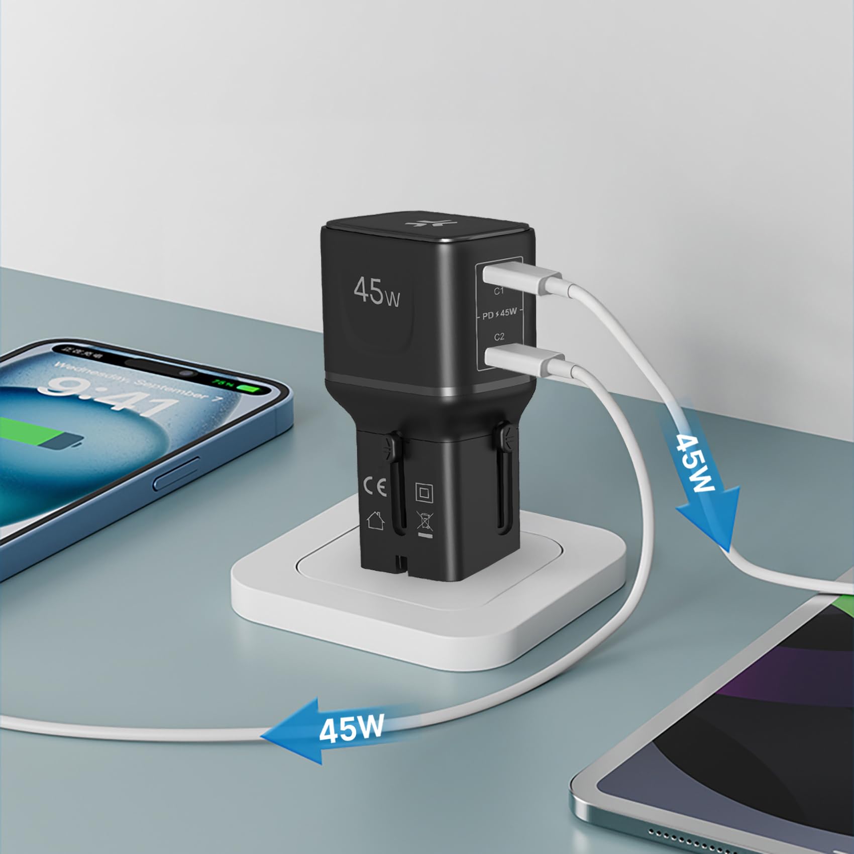 Celly – Adattatore da Viaggio Universale 45W con Doppia Porta USB-C, Compatibile 150+ Paesi, Ricarica Rapida, Design Slim e Sicuro