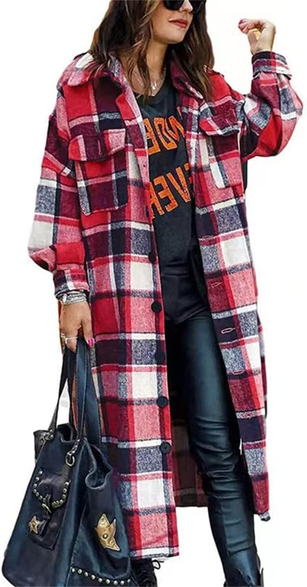 Long Flannel Jacket Women Oversize Plaid Lapel Coat Button Down Pocketed Shacket Jackets Fall Winter Casual Shirt Coat