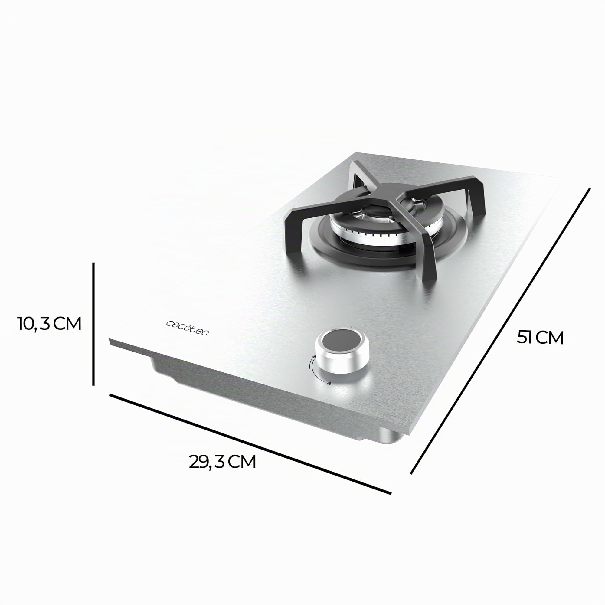 Cecotec Table de Cuisson à Gaz 1 Feu Bolero Squad G 1400S Inox, 3,4 kW | Système de Sécurité, Conversion au Gaz Butane, Finition Acier Inox, Grilles Individuelles en Fonte, Brûleur WOK Triple Anneau