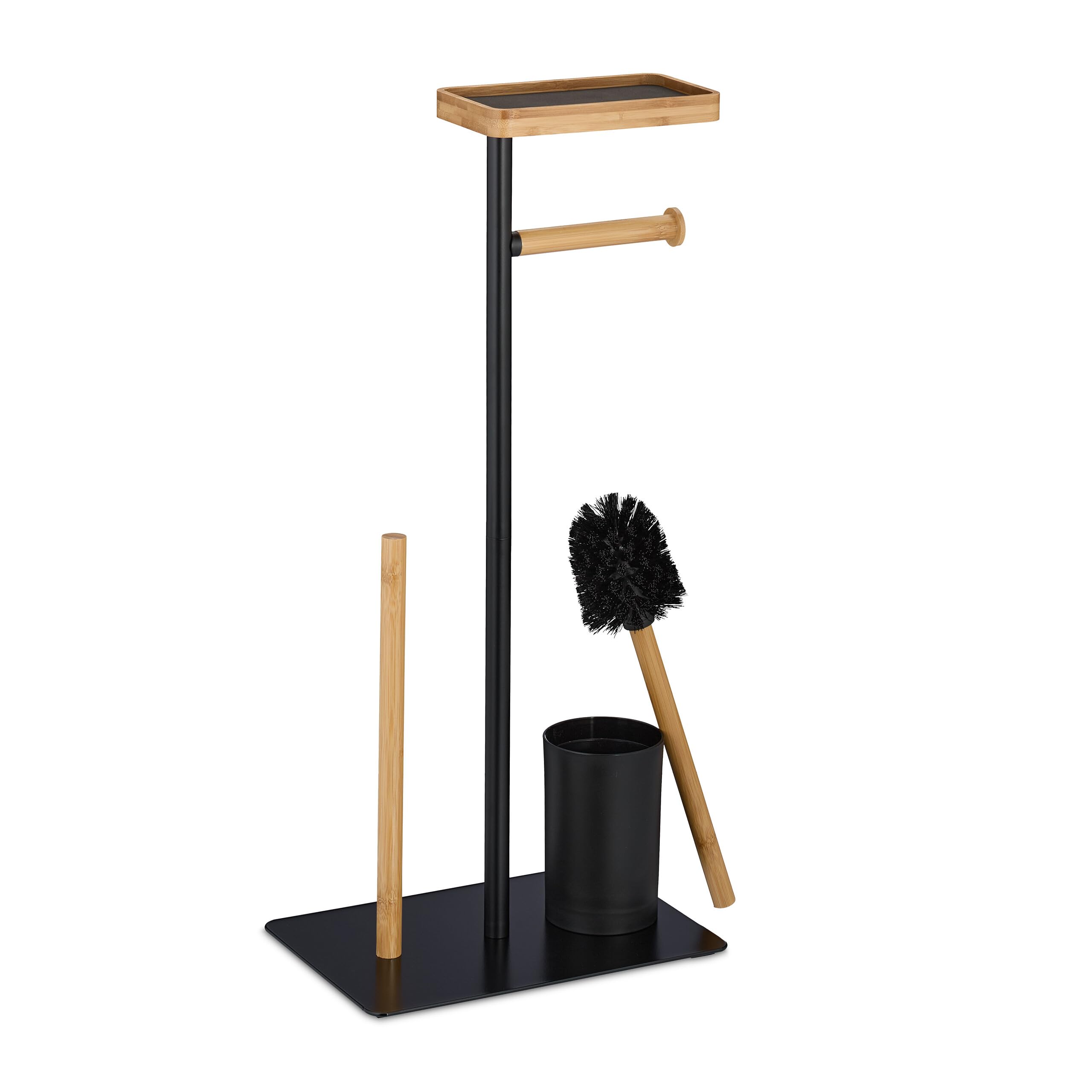 Relaxdays Serviteur WC, Bambou, Fer, Support Non Fixe, Brosse et Porte-Brosse, Noir - Nature
