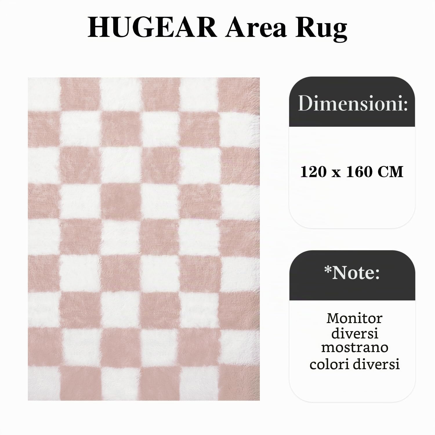 HUGEAR Tappeto Salotto 120x180cm Pelo Lungo a Quadri Grande Rosa Bianco Morbido Tappeti Antiscivolo Moderno Camera da Letto Cucina Salotto Sala Scendiletto Esterno Bambina Bambini Tappeti
