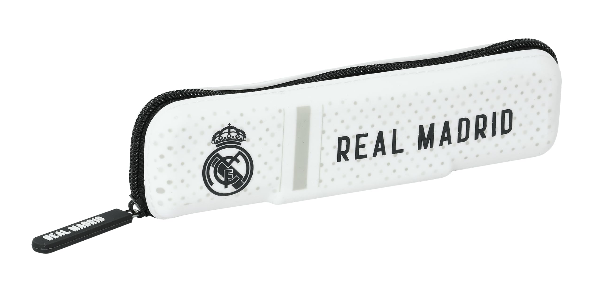 Safta Real Madrid 1ª EQUIPACIÓN 24/25 - Portatodo Estrecho Silicona, Estuche Infantil, Estuche Niño, Ideal para Niños en Edad Escolar, Cómodo y Versátil, 20x2x5.5 cm, Color Blanco/Gris