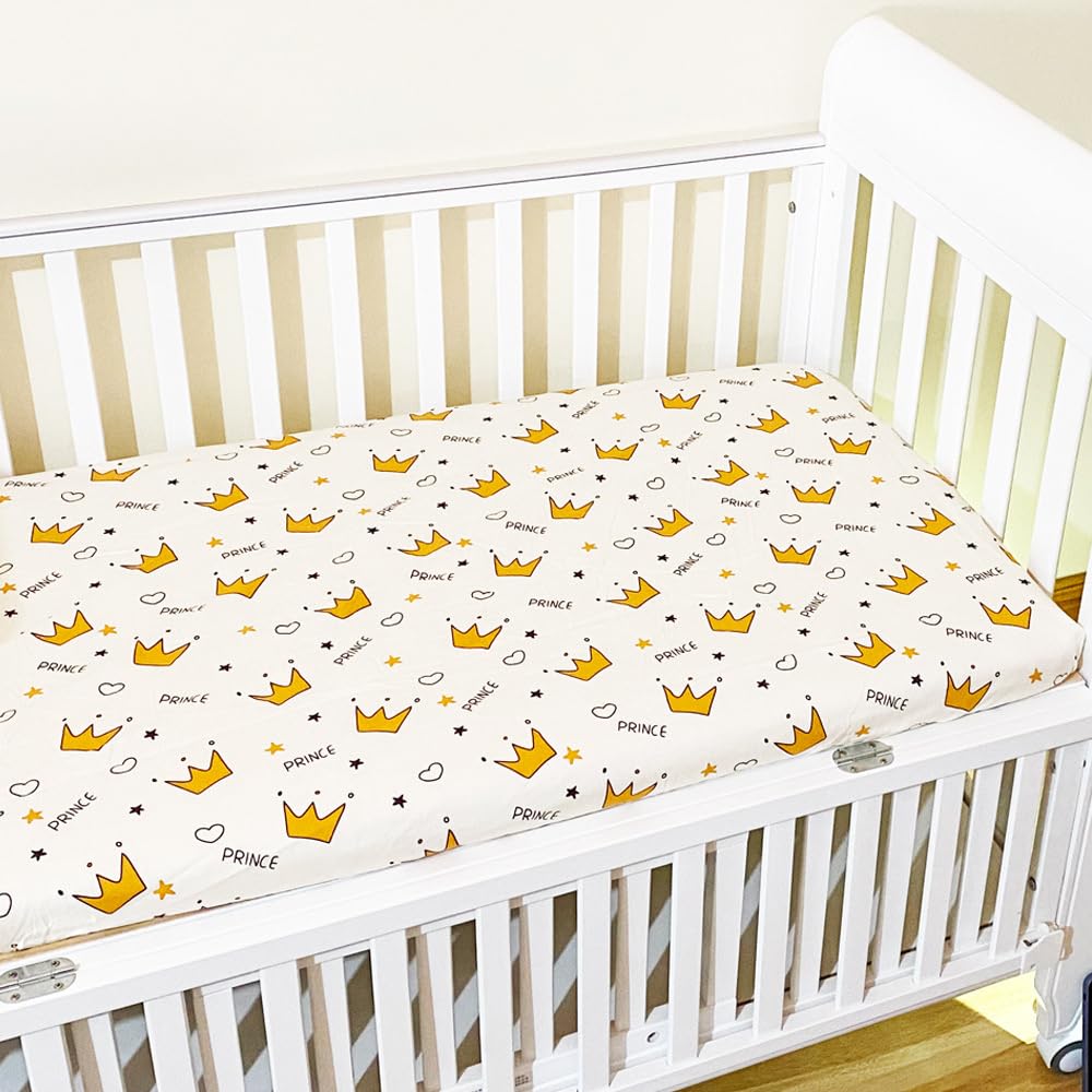 Odot Soft Cotton Cot Bed Sheets, Cartoon Bedside Cribs Fitted Sheets for Boys Girls, Newborn Bassinet Sheets, Baby Bed Sheets Stretch Edge Mattress Protector Easy Care (120x60cm,Prince)