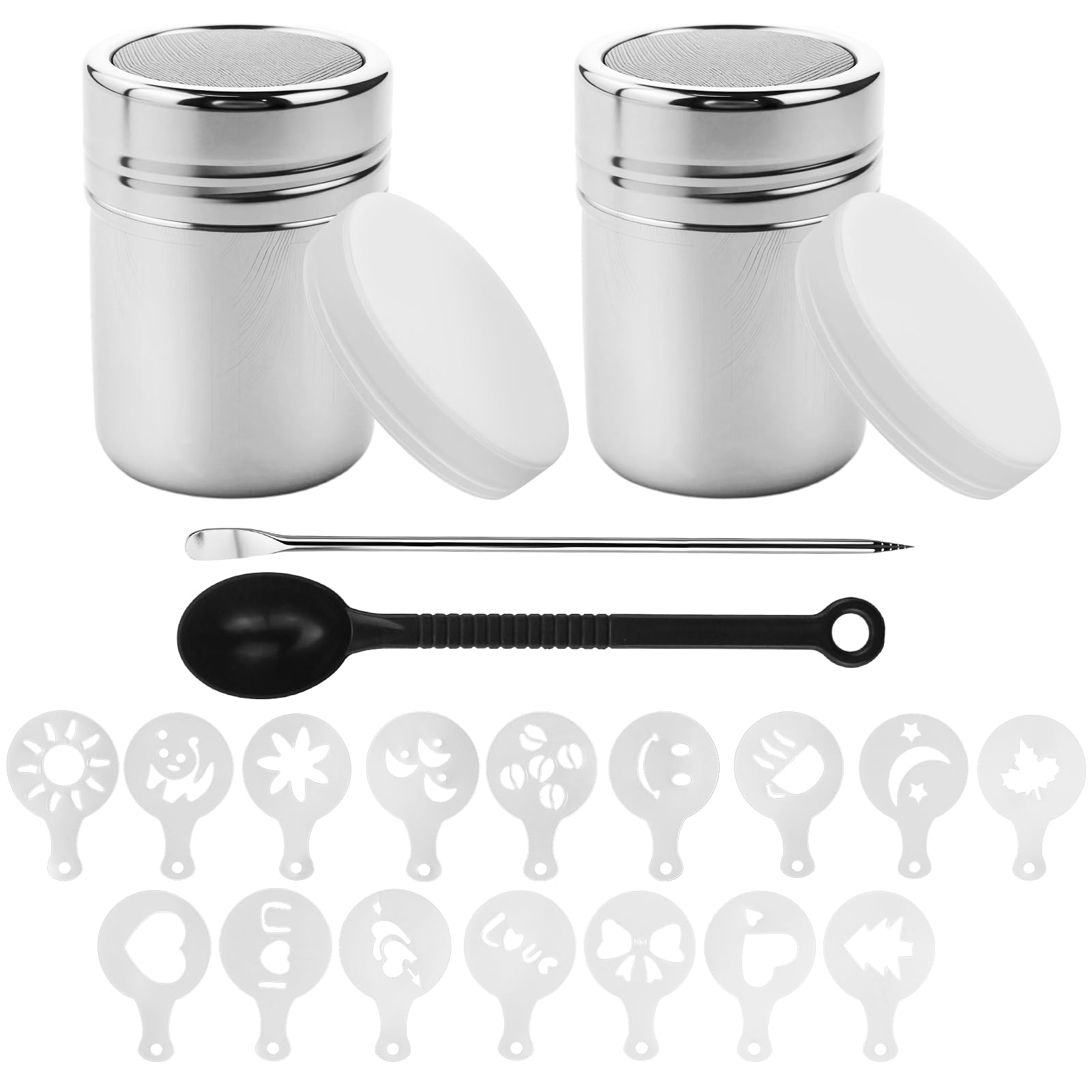 XSHAO 3 Saupoudreuses Sucre Glace Acier Inox + 16 Pochoirs Café Cappuccino XSHAO 3 Saupoudreuses Sucre Glace Acier Inox + 16 Pochoirs Café Cappuccino