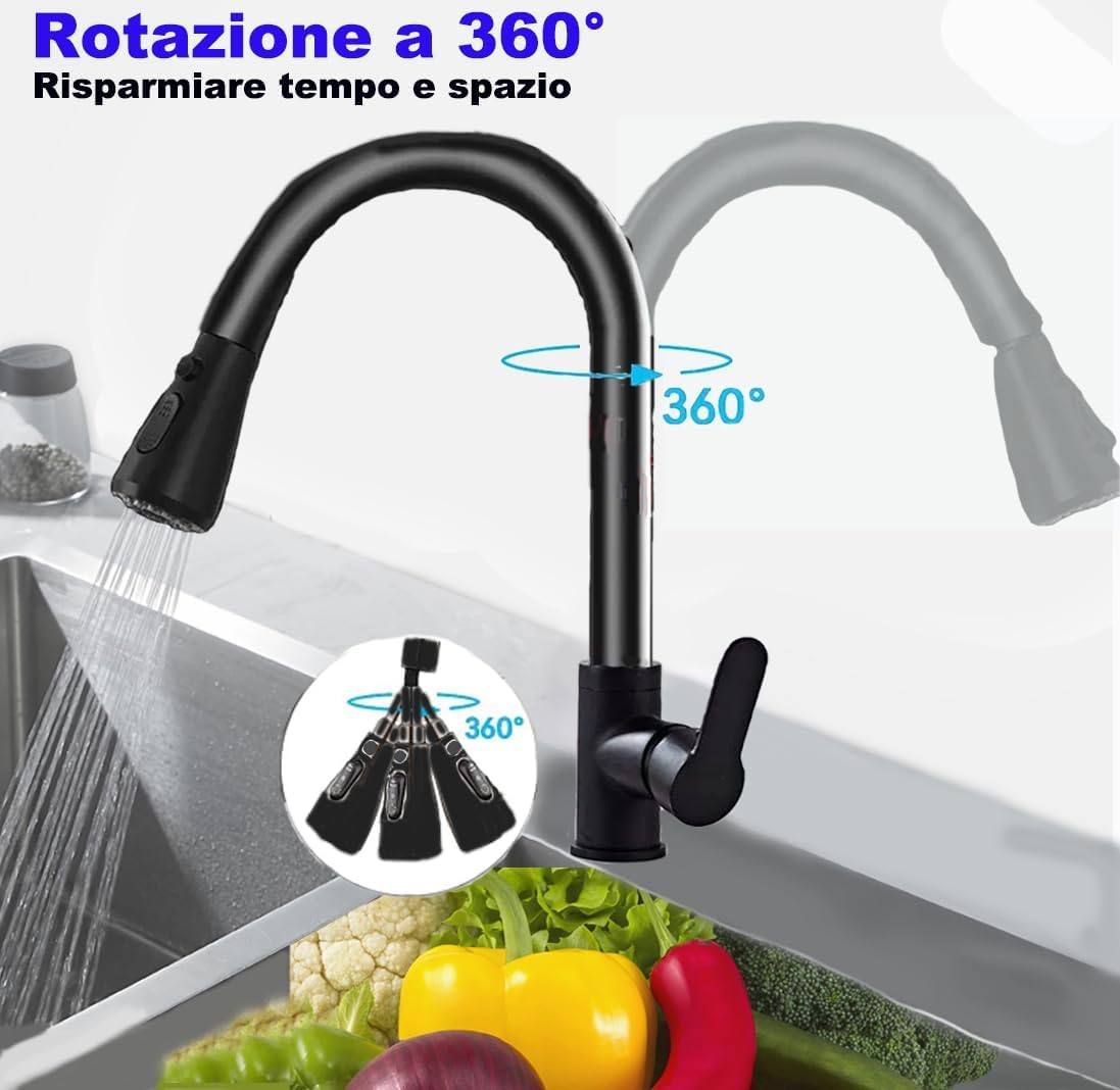 XWIHTR rubinetto da cucina estraibile a scomparsa, rubinetto da cucina girevole a 360°, miscelatore da cucina in acciaio inox a 3 modalità, rubinetto per lavello da cucina (nero - testa grande)