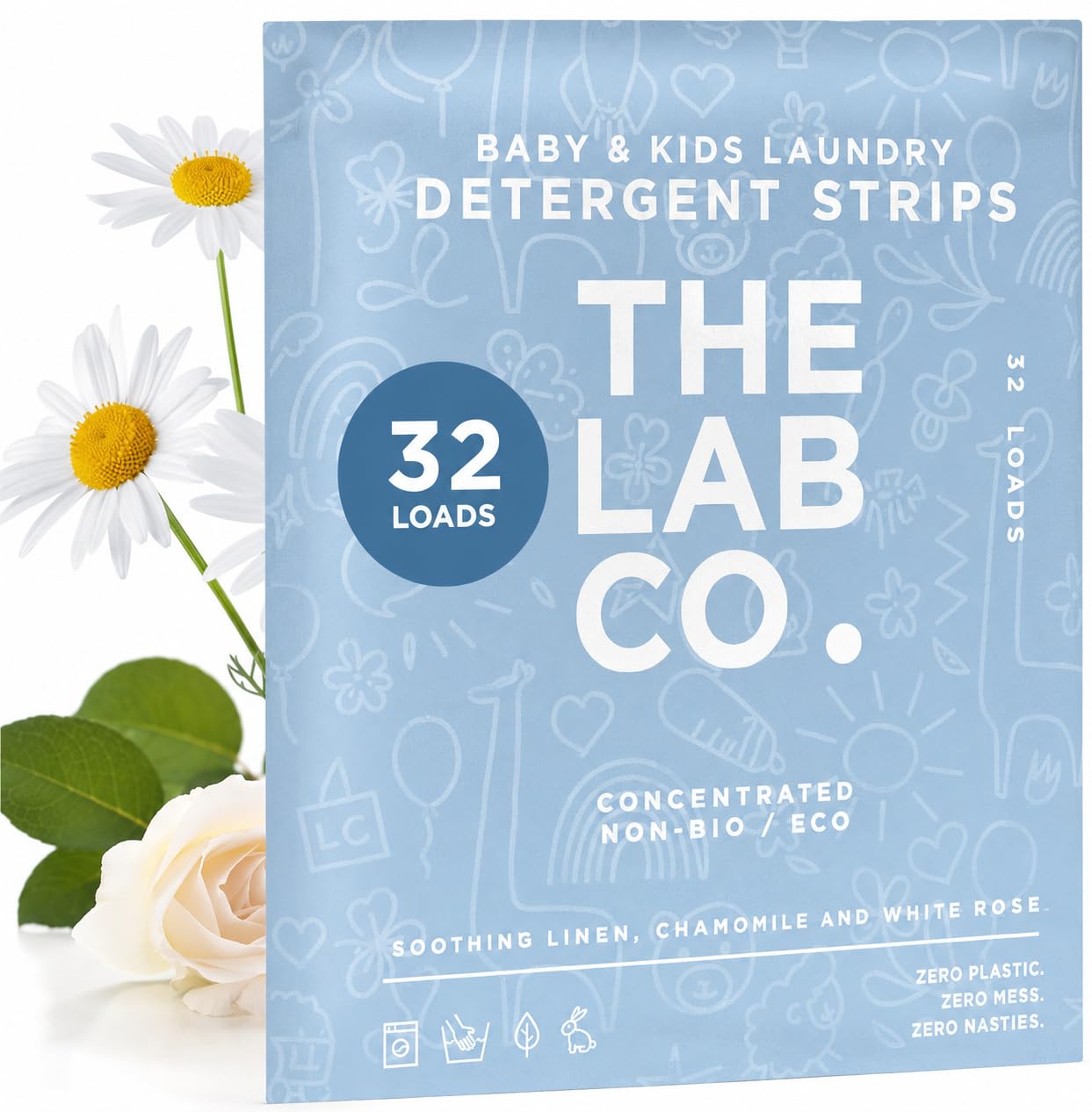 The Lab Co. Laundry Detergent Strips Washing Sheets | Eco Ultra-Concentrated | Non-Bio for Sensitive Skin | Non-Toxic Fragrance | EDC-Free | Lab-Tested | Soothing Linen Chamomile White Rose | 32 Loads