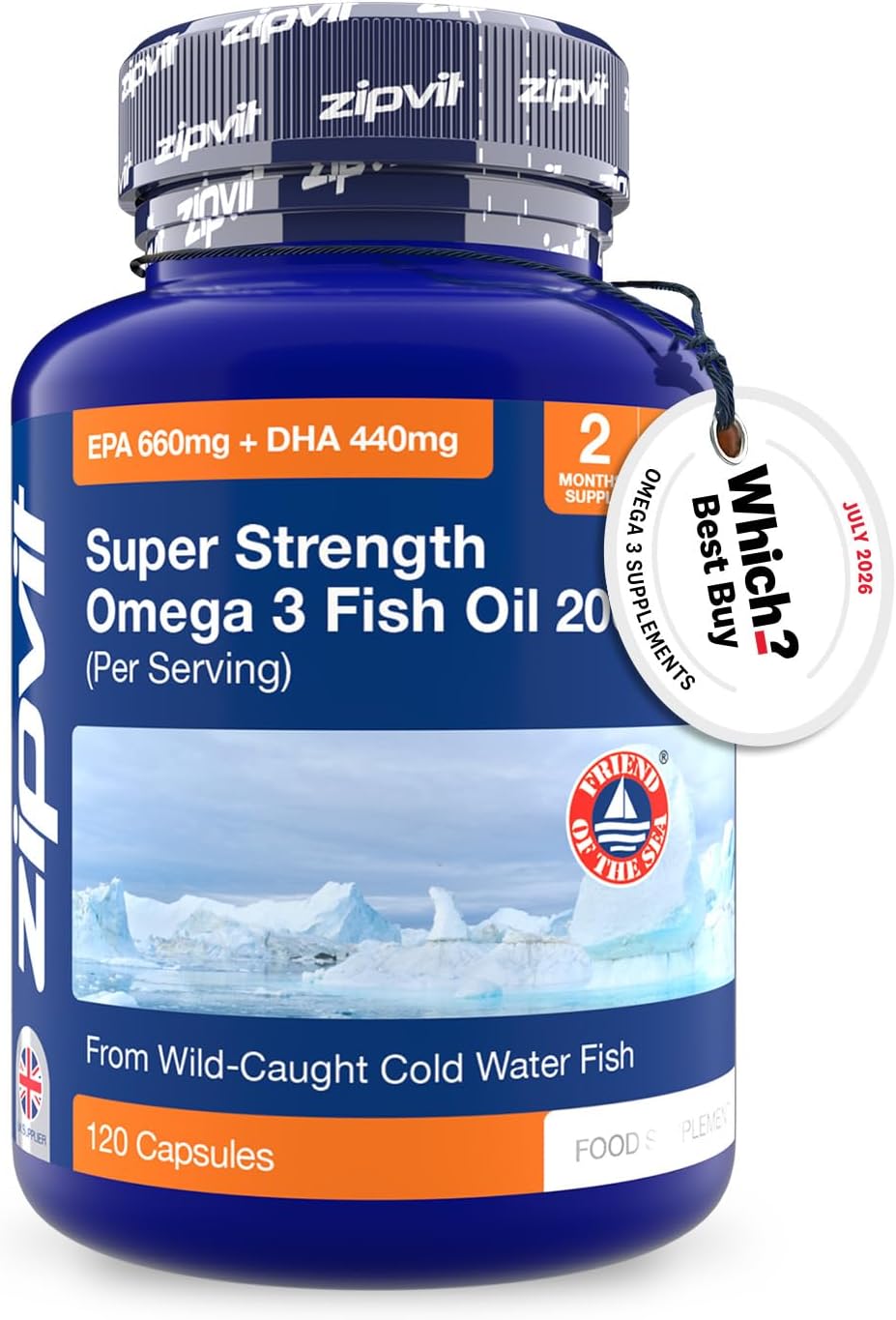 Zipvit Omega 3 Fish Oil 2000mg, EPA 660mg DHA 440mg, Wild-Caught, Cold Water Fish, Supports Heart, Brain & Vision, 120 Softgels, 2 Months Supply