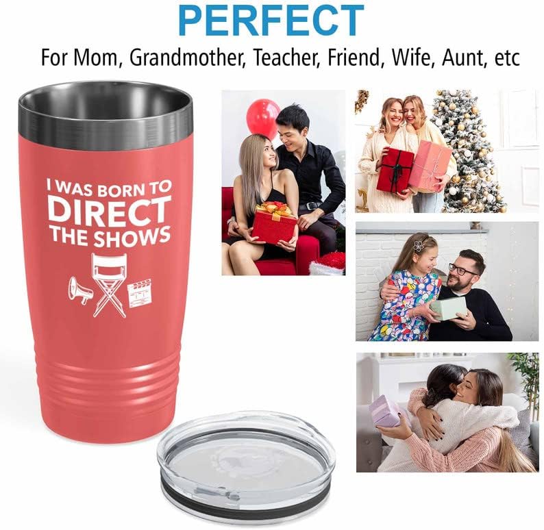 Filmmaker Coral Tumbler 20oz - I was born to direct - Filmmaker Gifts Camera Lens Cut Prop Director Movie Film Scriptwriter