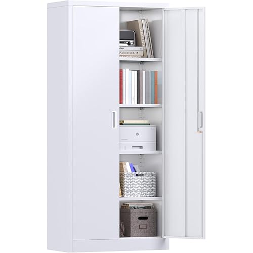 71" Locking File Cabinet,Metal Storage Cabinet with 2 Doors and 4 Adjustable Shelves,Locking Tool Cabinet for Office,Home,Garage,Gym,School (White), Assembly Required