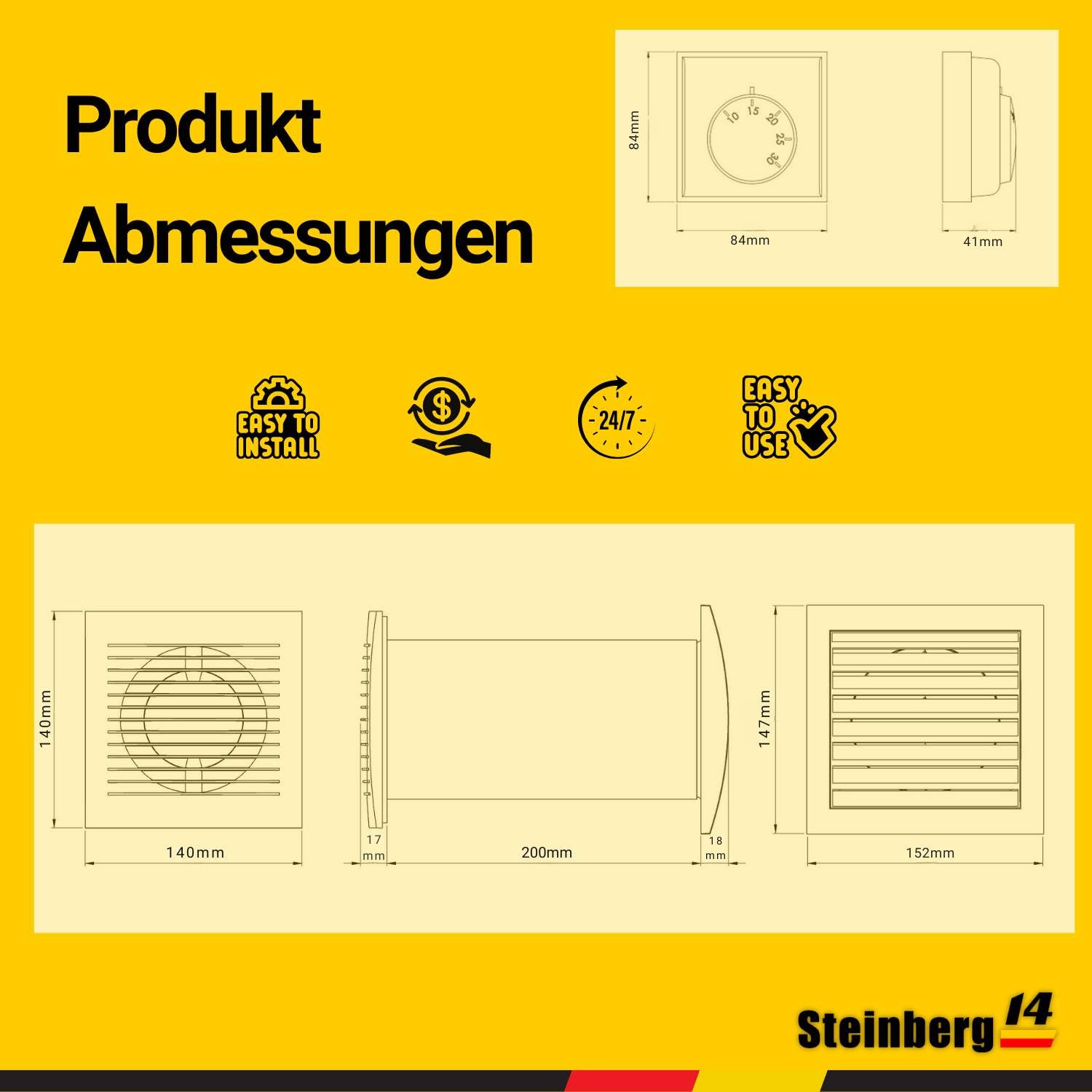 Steinberg14 Warmluft - Ø 100mm Set Lüfter Heizlüfter Wärmetauscher Wand Ventilator mit Thermostat