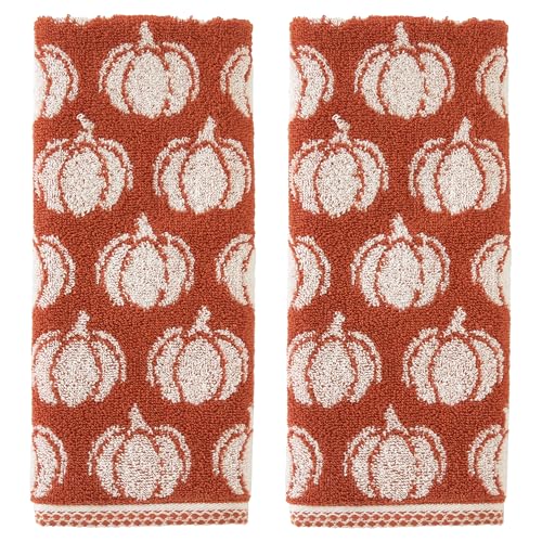 SKL Home Autumn/Fall/Thanksgiving Pumpkin Jacquard 100% Cotton 2pc Hand Towel Set, Reversible, Soft & Absorbent, Decorative for Bath/Kitchen/Bar & Gift, Spice