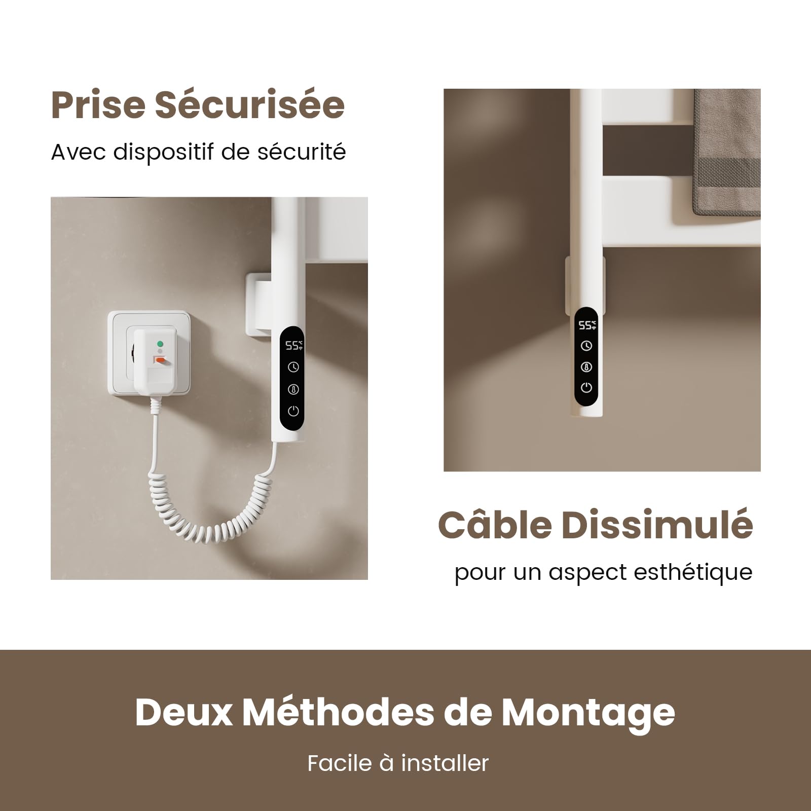 EMKE Sèche-Serviettes Électrique de pivotant à 180°,Blanc | Porte-Serviettes Chauffant électrique avec étagère, Séchoir à Serviettes électrique Intelligent WiFi, 120W