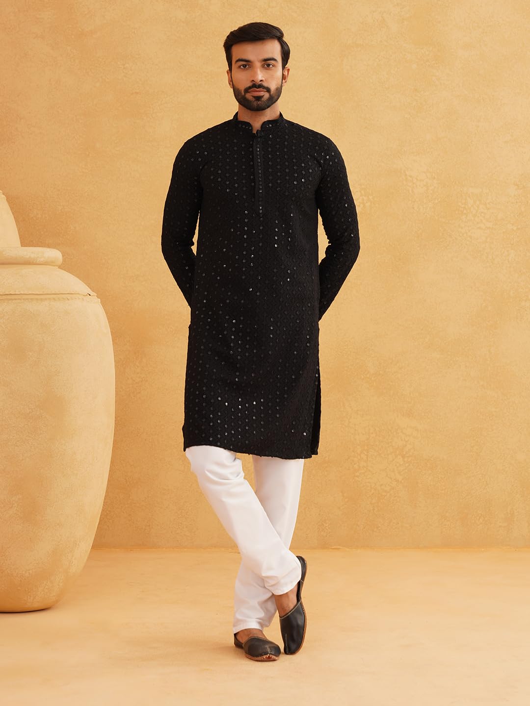 Sojanya (Since 1958 Men's Pure Cotton Black Embroidered Sequined Kurta And White Pyjama Set