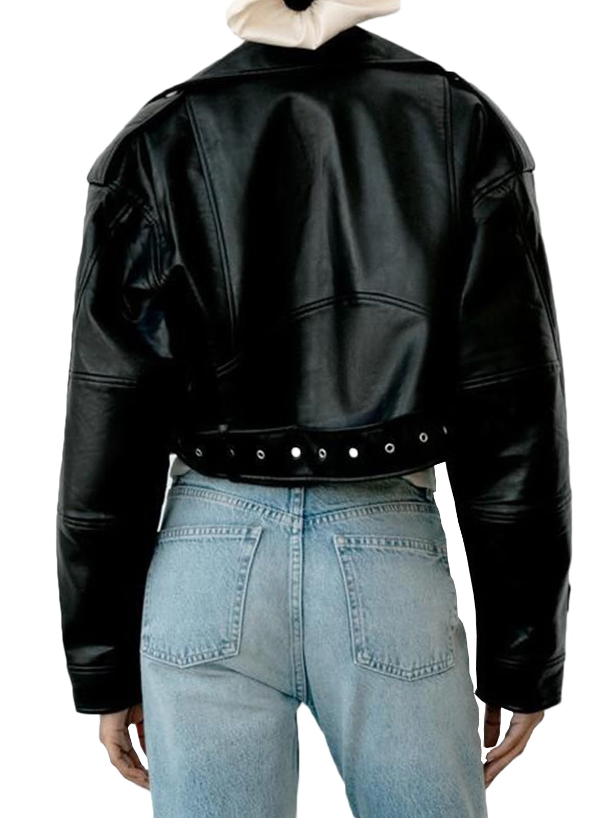 LY VAREY LIN Damen-Kurzjacke aus Kunstleder mit Reverskragen, Reißverschluss, Gürtel, Biker-Design