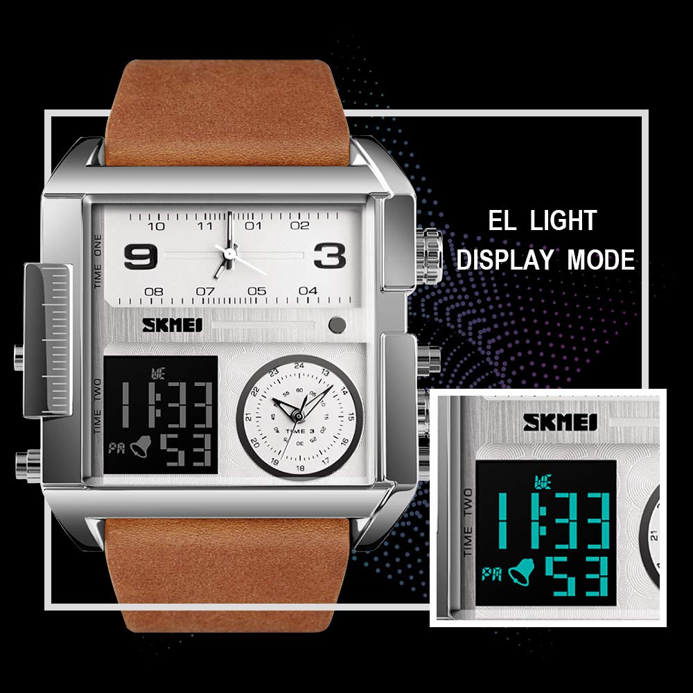 SKMEI Reloj deportivo digital para hombre, LED, cuadrado, esfera grande, analógico, de cuarzo, con cronómetro impermeable multizona horaria, Marrón plateado, Digital