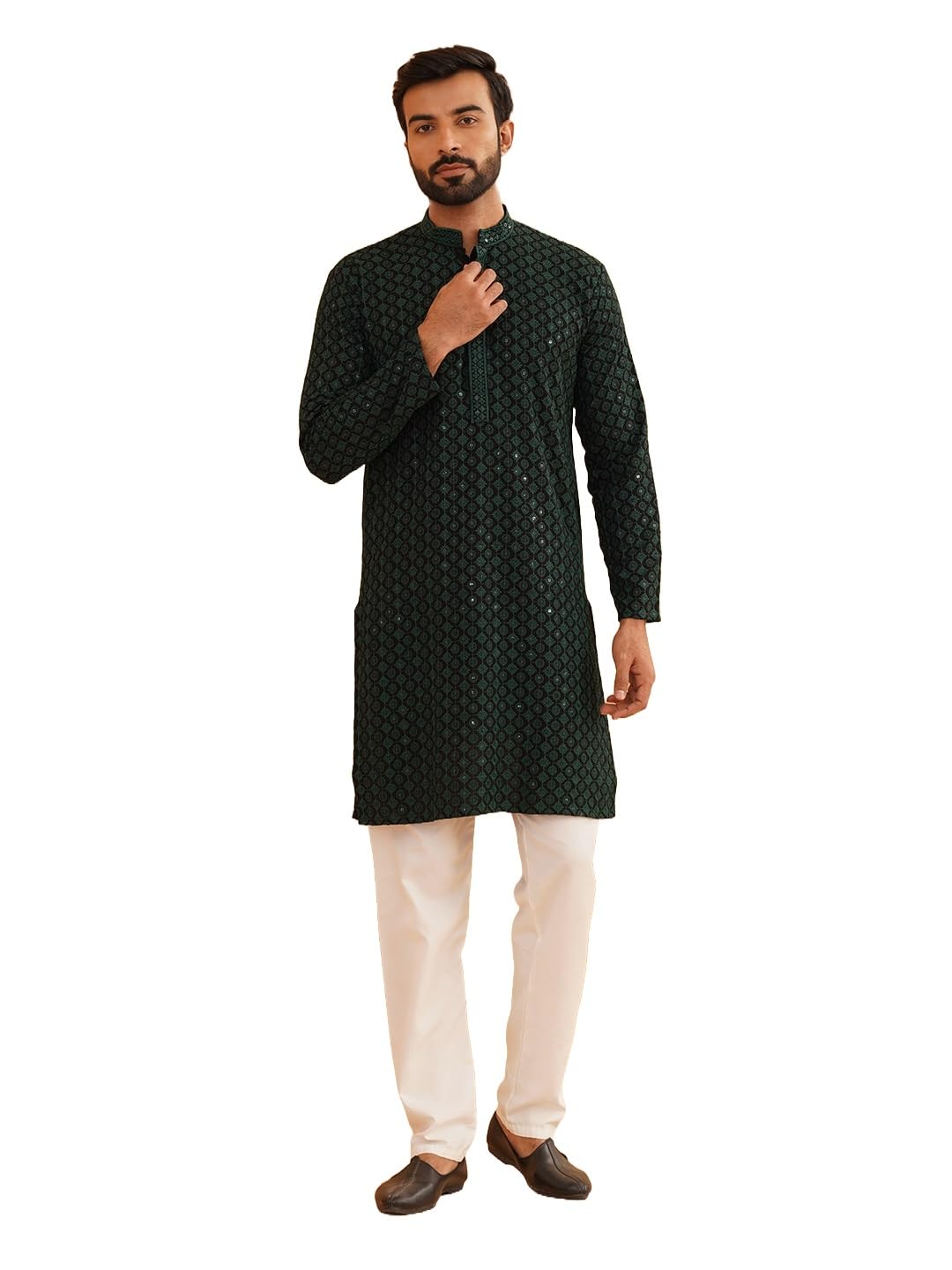 Sojanya (Since 1958 Men's Cotton Gold Embroidered Sequinned Green Kurta With White Churidar Pyjama