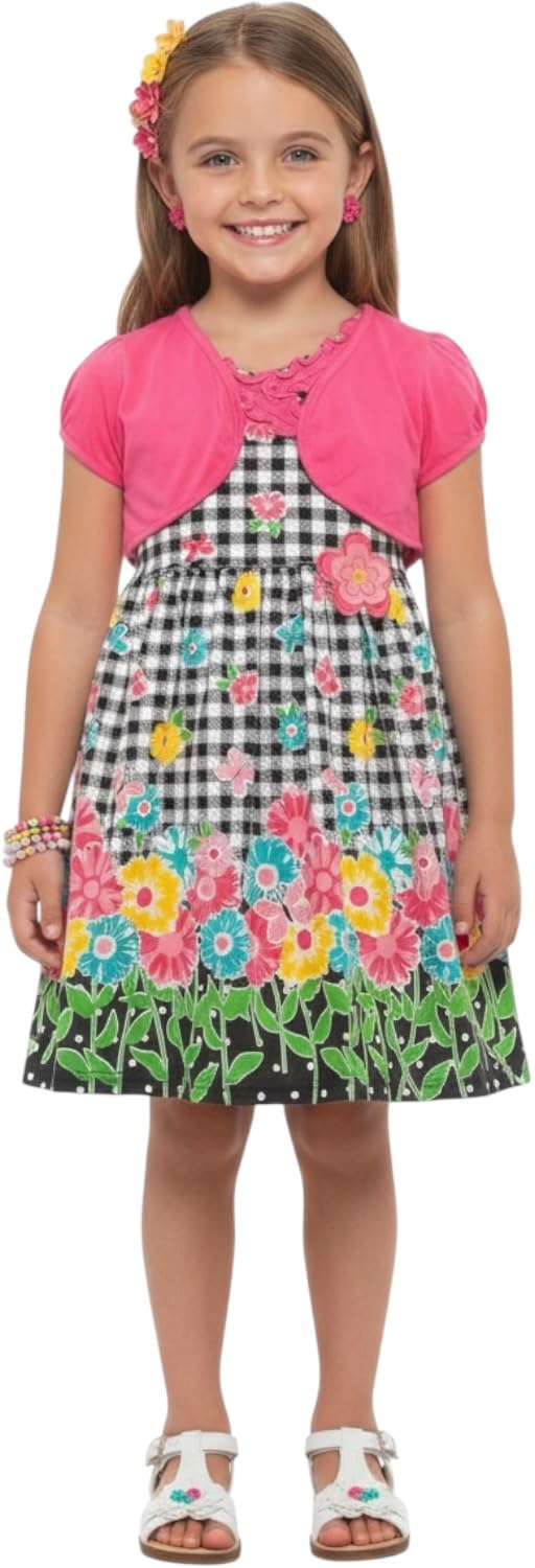 ToBeInStyle Girls Two Piece Short Sleeve Dress and Matching Bolero Crop Cardigan Assorted Prints Cotton Blend Summer Outfit