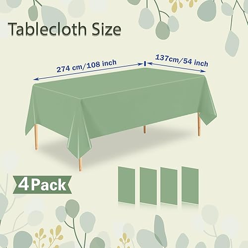 Miniatura 2 de Paquete de 4 manteles de plástico verde salvia, manteles rectangulares desechables de 54 x 108 pulgadas, impermeables, para novia, boda, fiesta de