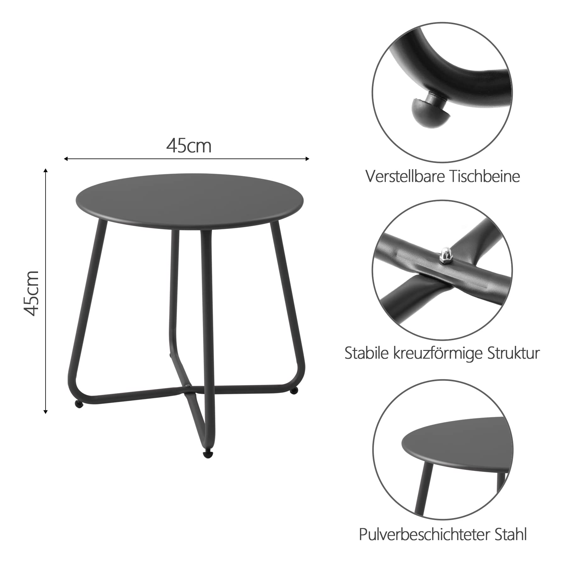 Fokebel Beistelltisch, Kleiner Beistelltisch Metall, Garten Rund, Couchtish & Kaffeetisch mit Verstellbarer Tischbeine (Schwarz, Ø 45x45H cm)