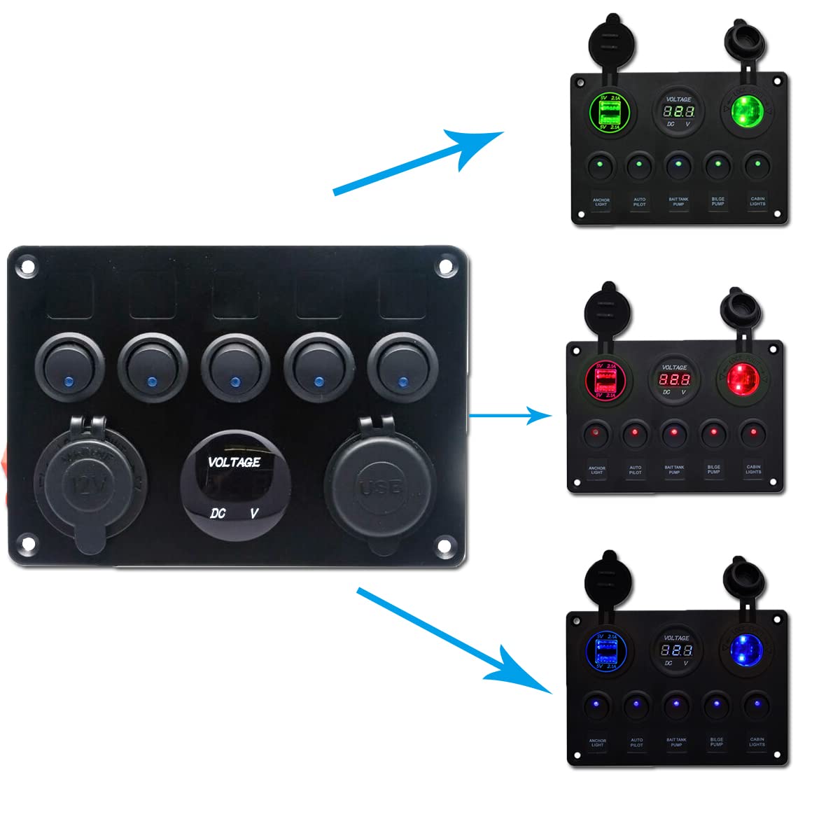 Riloer 3 Gang Combinatie Schakelaarpaneel, 12V - 24V Marine Boot Auto Dual USB Slot Socket On-Off Tuimelschakelaar Panel met LED, Met Blauw/Rood/Groen LED Licht