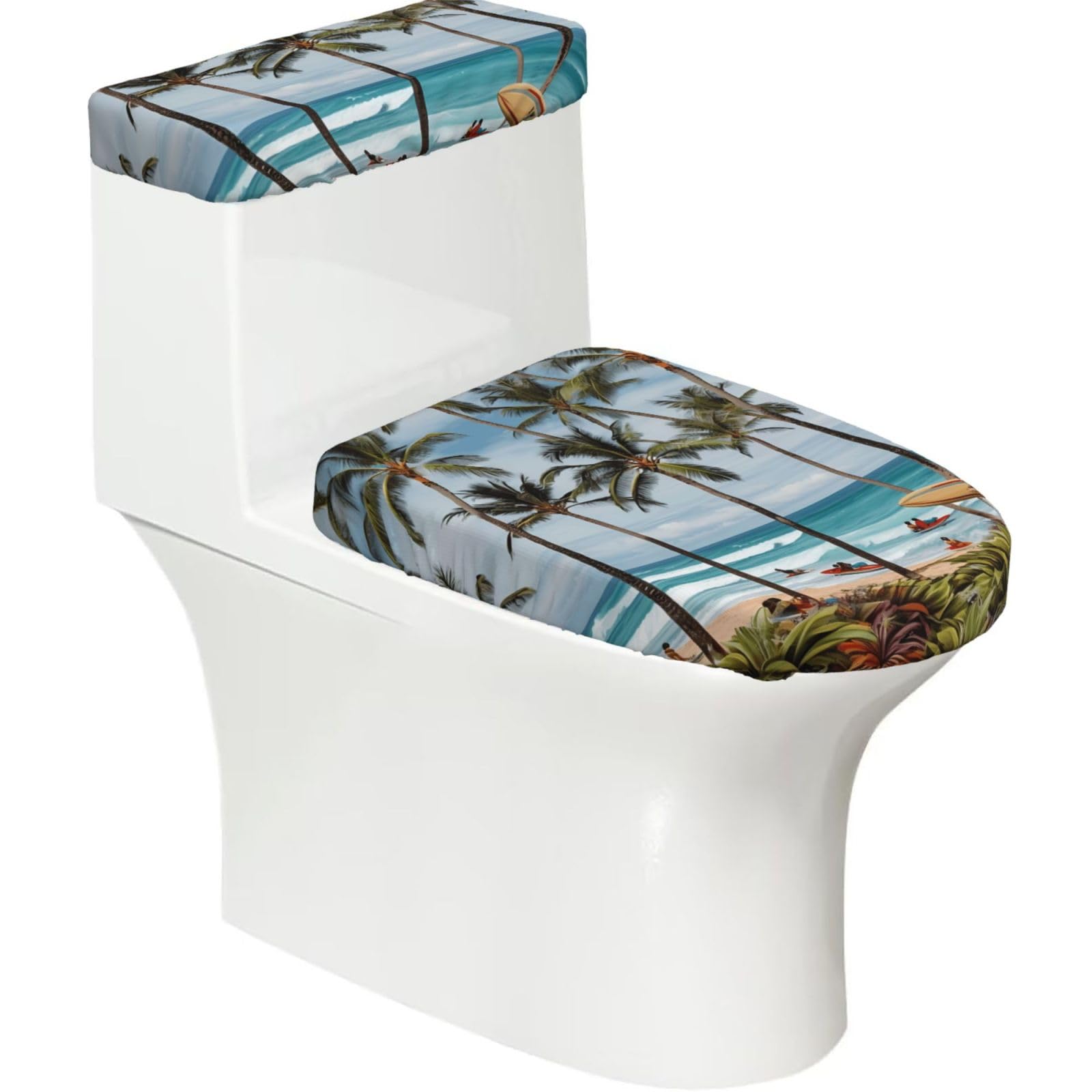 Hawaiian Surfer on Wavy Toilet Lid Cover and Toilet Tank Cover Set, Washable Soft Toilet Seat Cover with Elastic Bottom, Universal Stylish Toilet Cover Set for Bathroom Decor Accessories
