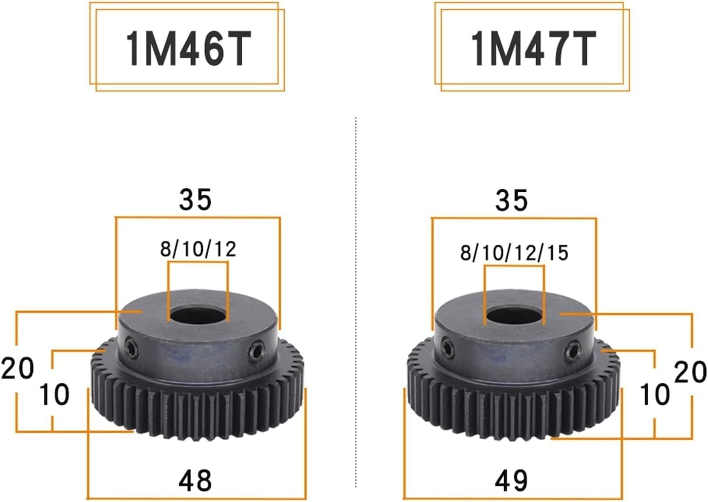 Modulritzel, Motorritzel, 1 Modul 46T 47T 48T 49 Zähne Stirnrad 45 Ritzel aus Kohlenstoffstahl 8 mm 10 mm 12 mm 15 mm Bohrung Hochfrequenz-Abschreckgetriebe Stirnradkegel(46 Teeth*10 Mm Bore)