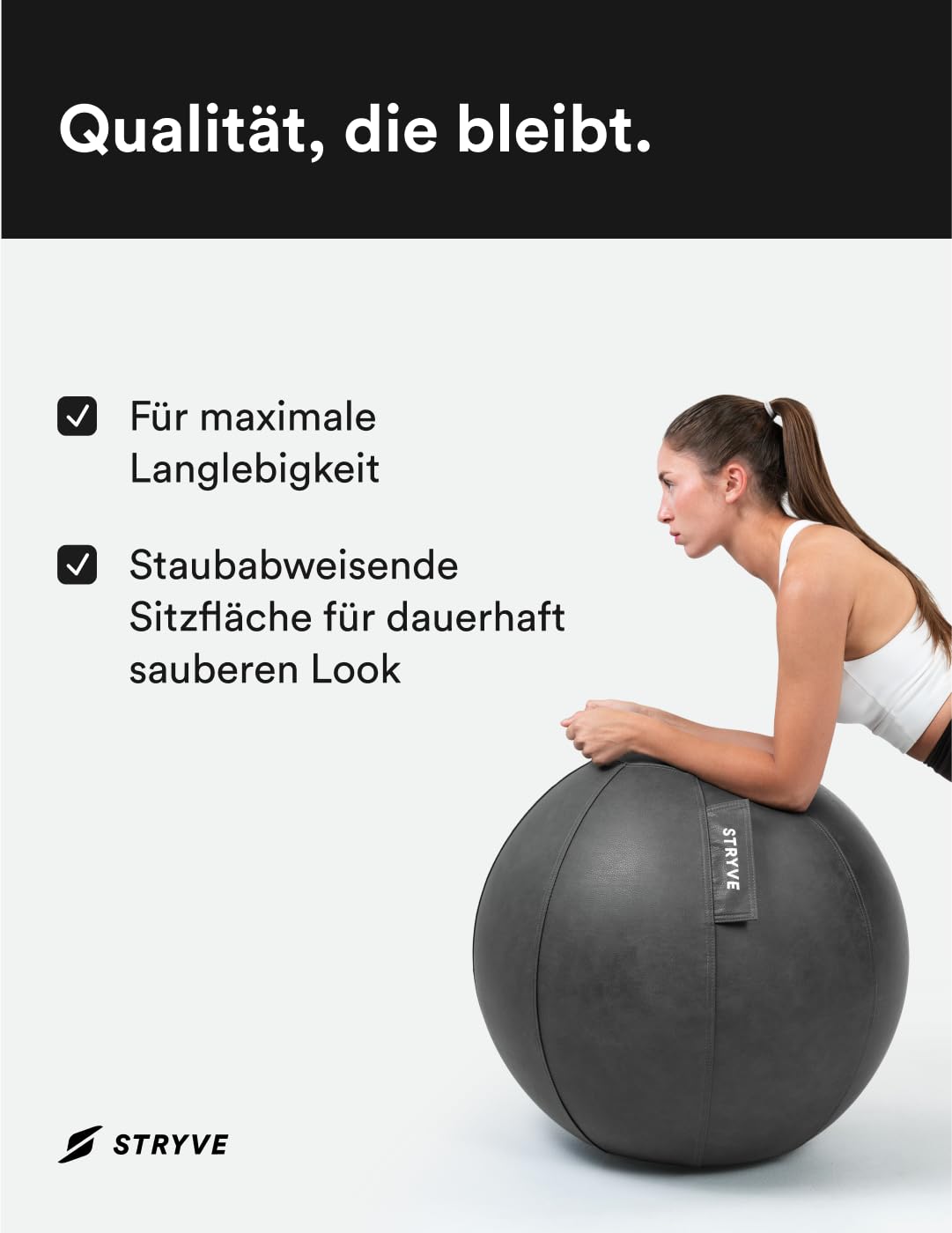 STRYVE Sitzball Büro 65cm - Ergonomischer Gymnastikball mit waschbarem Bezug und Wegrollschutz, inkl. Luftpumpe - Belastbar bis 150kg - Als Bürostuhl, Hocker (Stone Grey Kunstleder, 65)