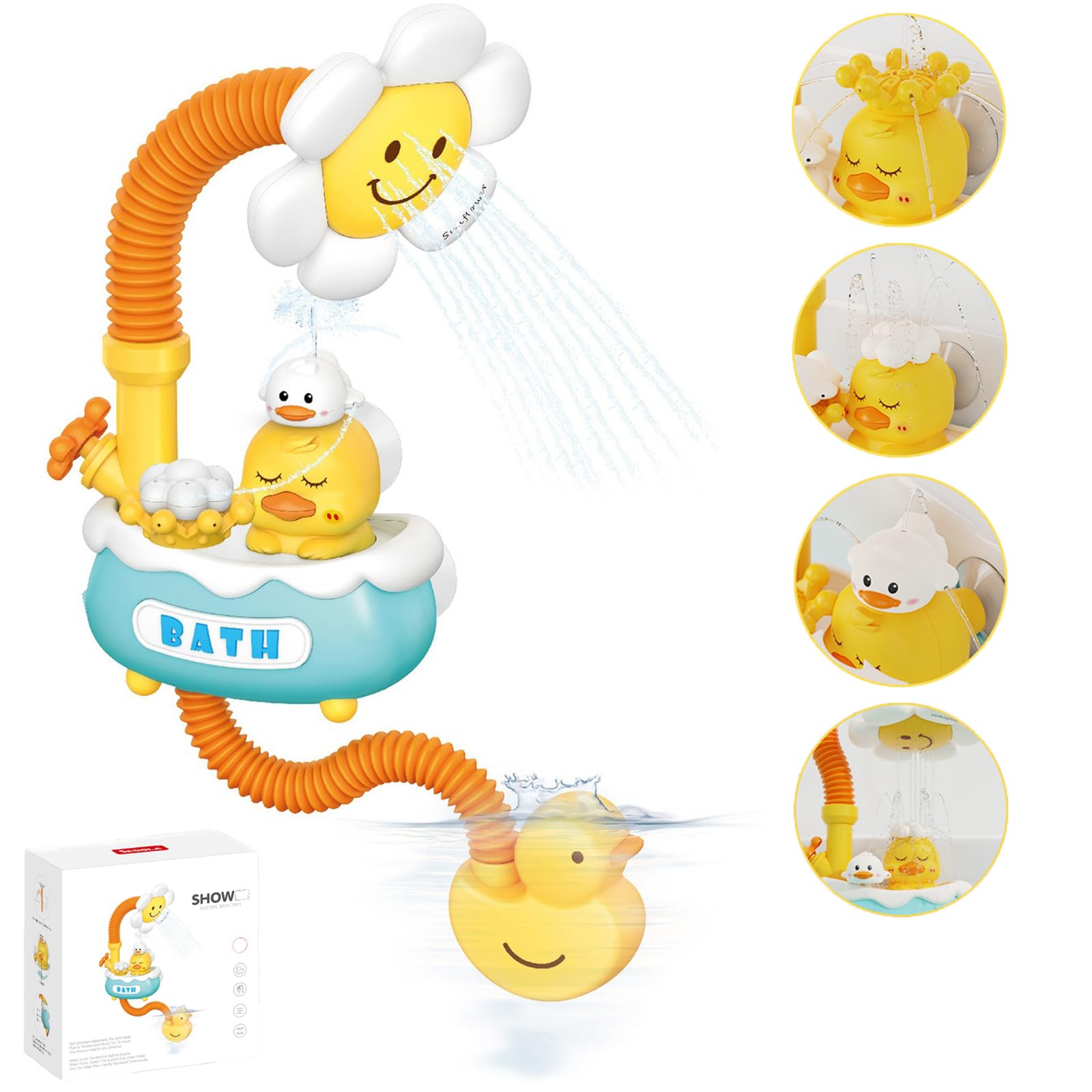 Aischens Juguetes de Baño Niños con Cabezal de Ducha de Girasol, Juguete de Baño Eléctrico para Bebés, Juguetes de Bañera para Niños 1 2 3 4 Años, Juguete de Ducha de Patito Juguetes Acuáticos Regalo