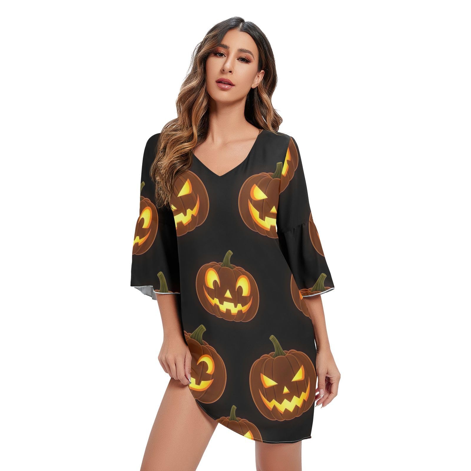 Robe de soirée orange fluide en mousseline de soie manches 3/4 - 7