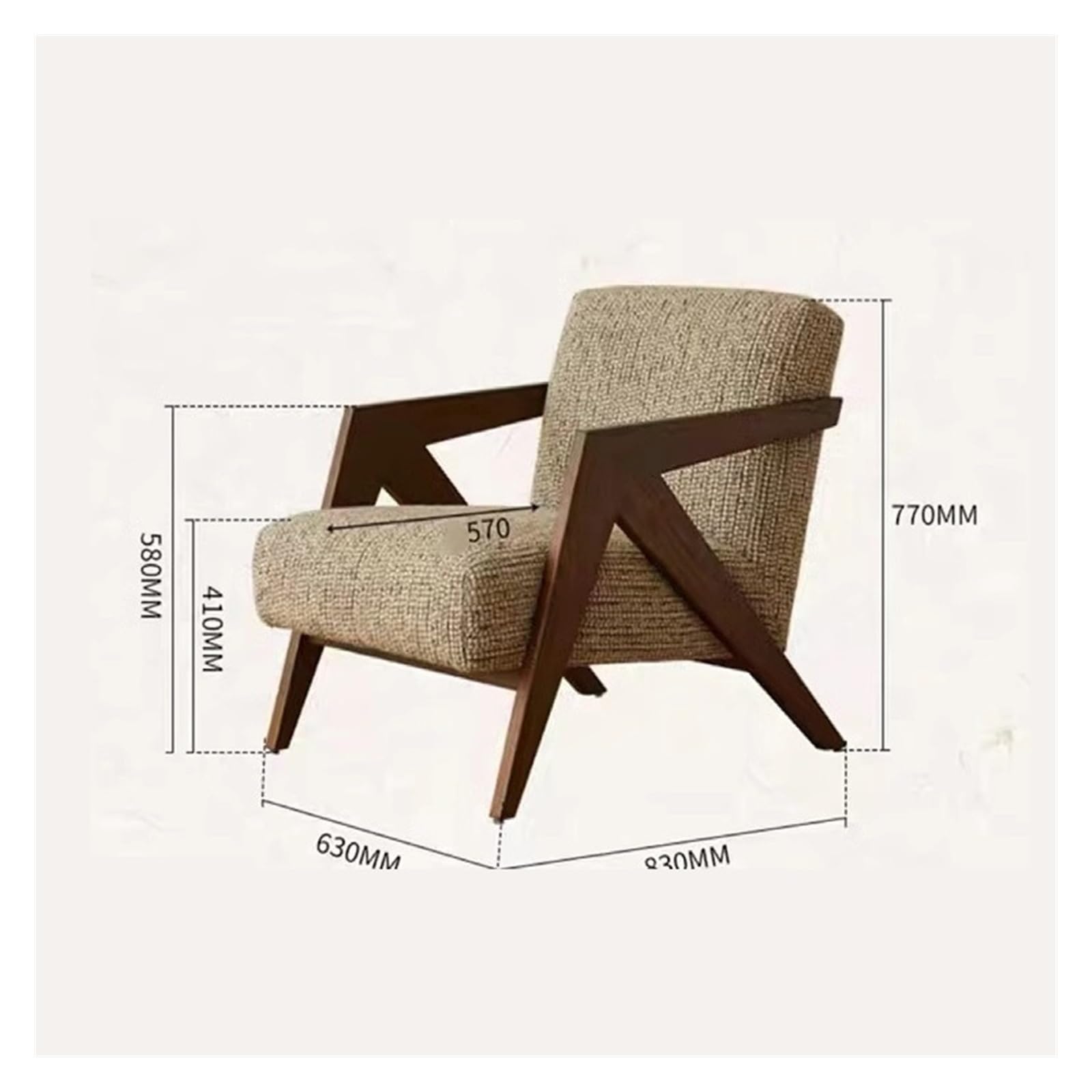 Poltrona moderna in legno massello, stile retrò, imbottita, per soggiorno, studio, balcone e esterni, per il tempo libero, in tessuto di cotone e lino, divano singolo