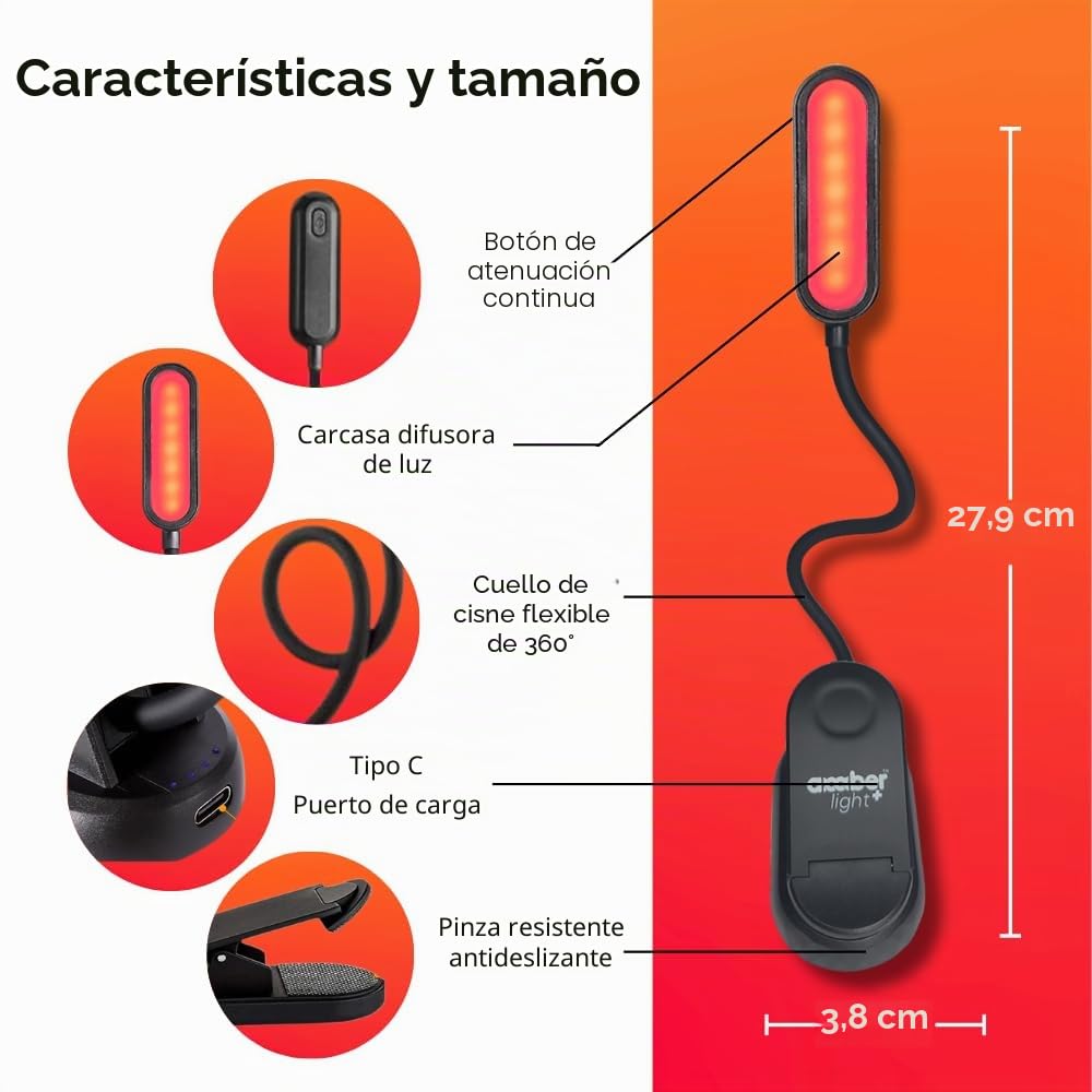 Luz de lectura ámbar + luz roja. Luz de libro con bloqueo de luz azul para leer en la cama