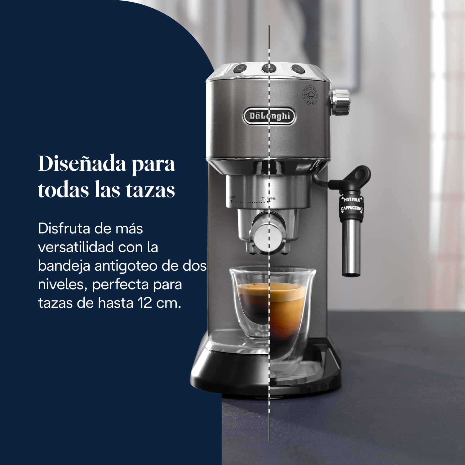 De’Longhi Dedica Style– Perfetto Cafetera Espresso Manual Compacta, Espumador de Leche Manual para Espresso y Cappuccino, Compatible con Monodosis ESE, Panel con Botones, Ancho 15cm, Titanio(EC685.TB)