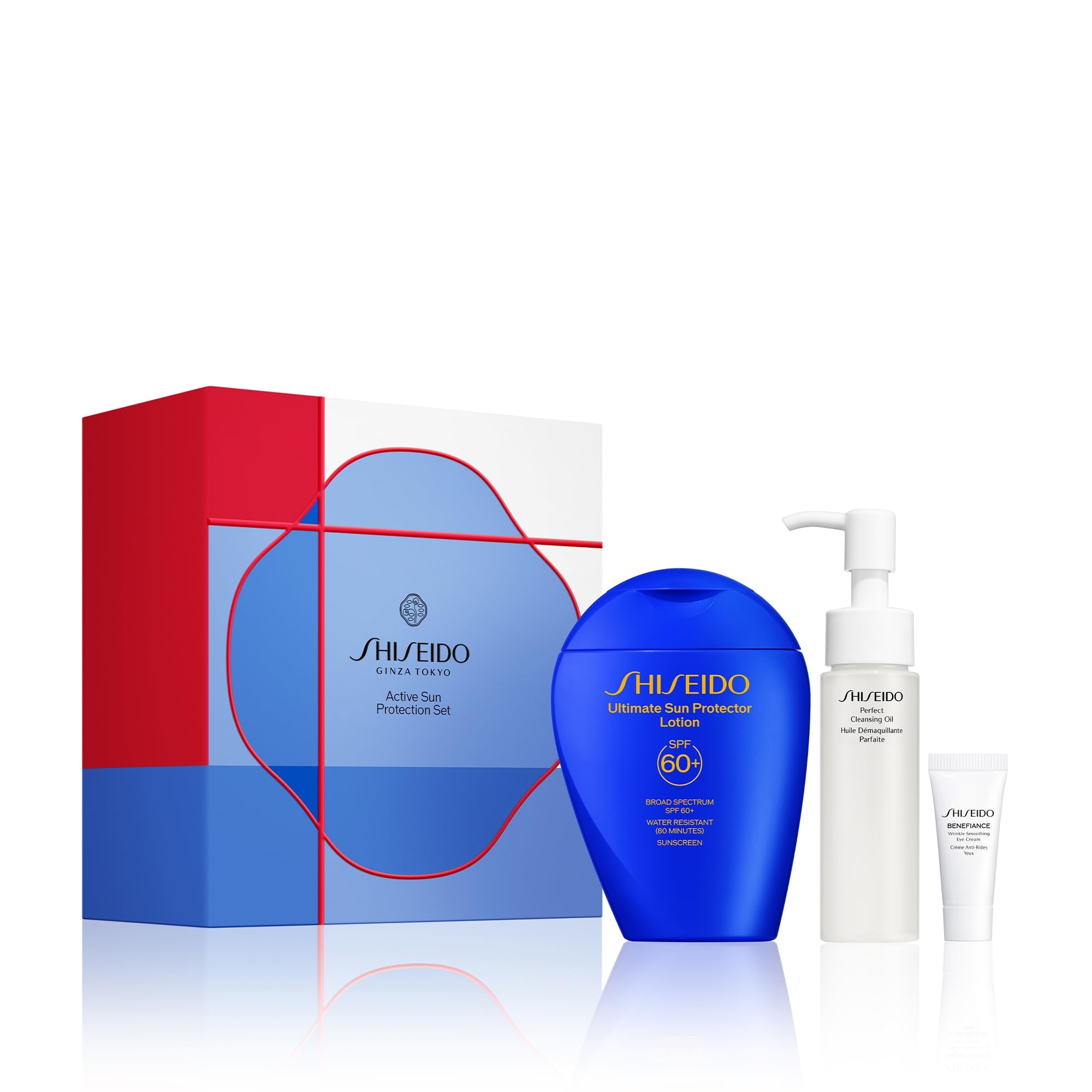 Shiseido Active Sun Protection Set - Benefiance Wrinkle Smoothing Eye Cream (5mL), Ultimate Sun Protector Lotion SPF 60+ (150mL) & Perfect Cleansing Oil (40mL) - $83 Value