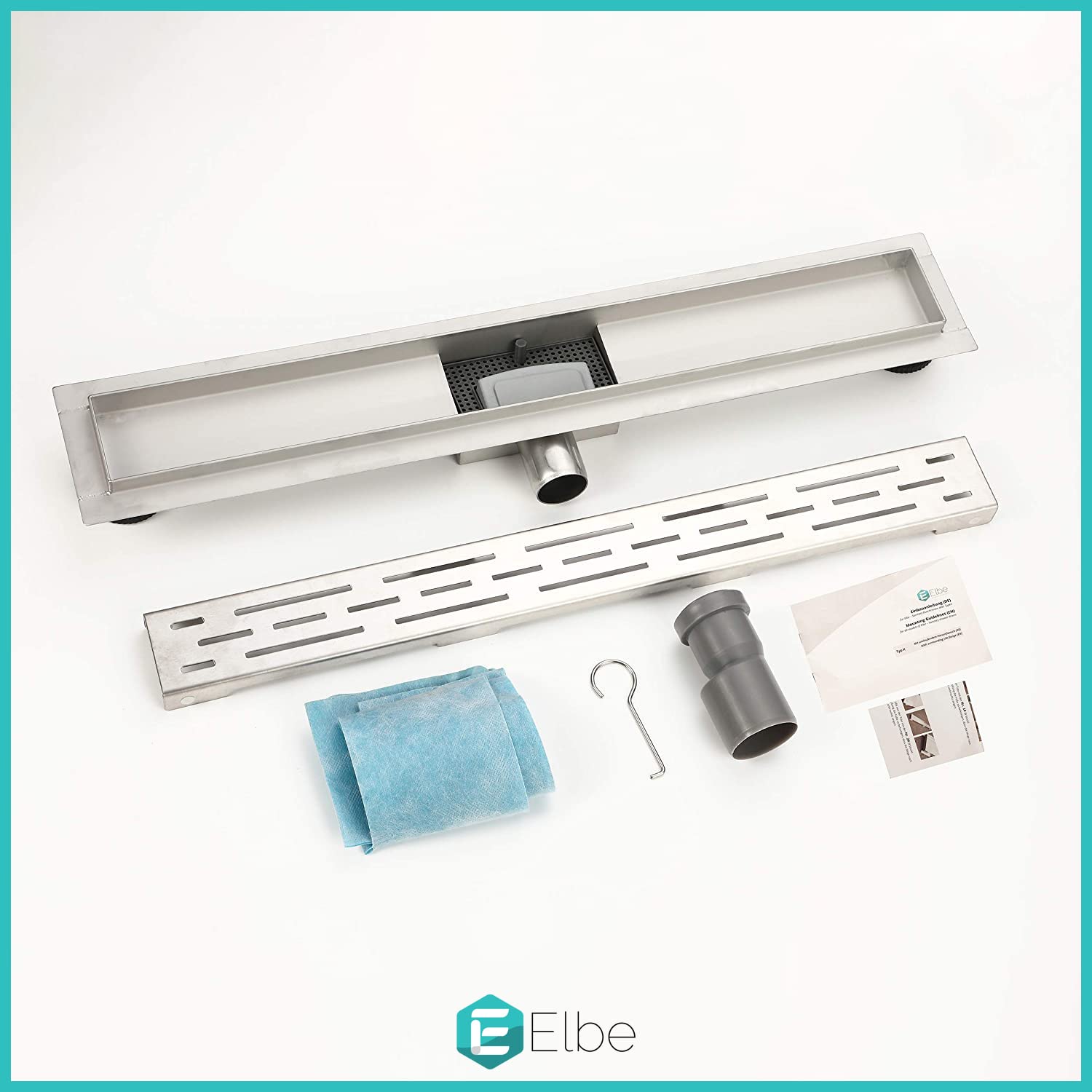 Elbe Canaletta scarico per doccia con griglia a feritoia Canalina doccia in acciaio inox Piletta Drenaggio con flangia perimetrale 70 cm RN-K070A