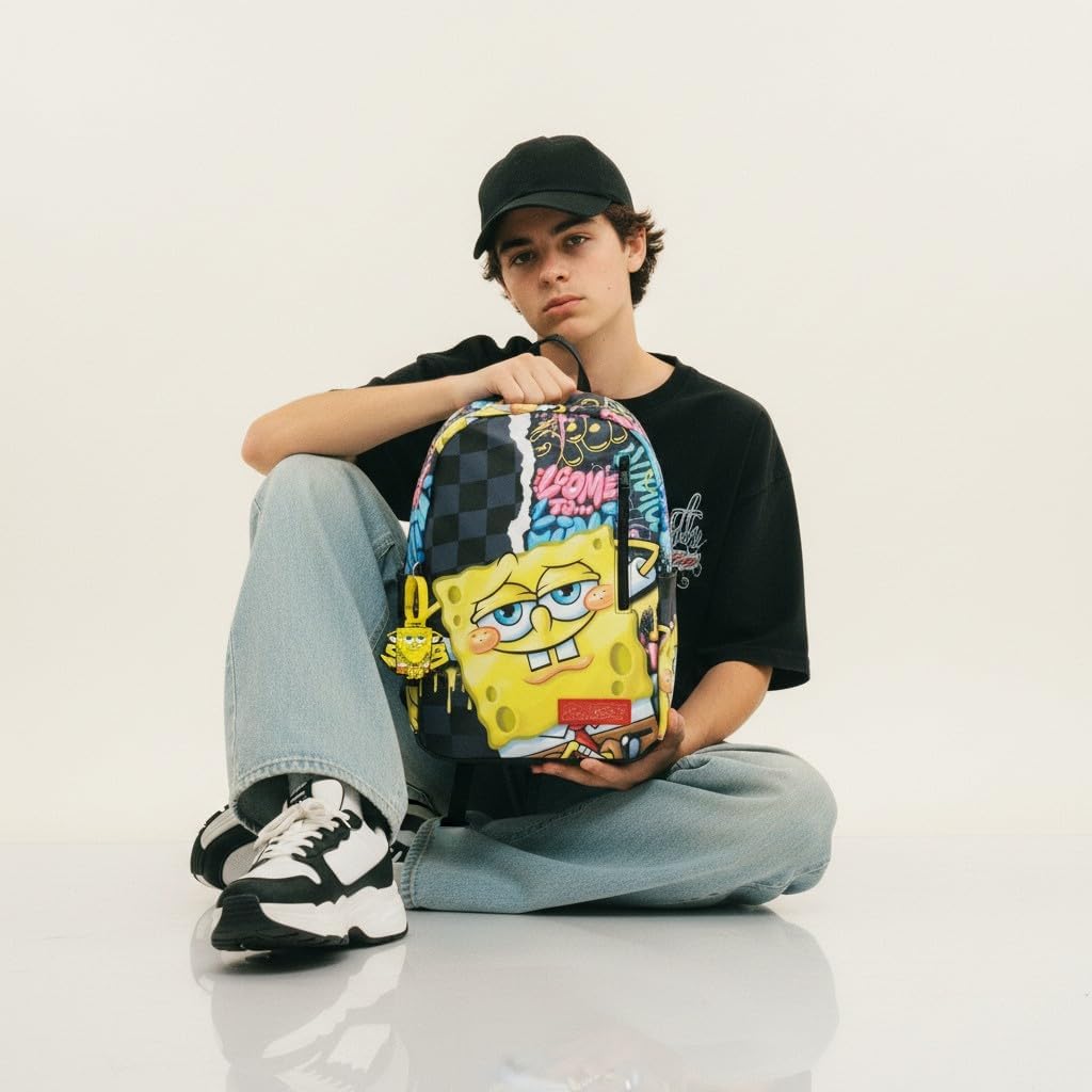 Fast Forward SpongeBob SquarePants Backpack for Teens | 16 Saffiano Leather School Bookbag with Rubber Luggage Tag | SpongeBob Bag for Boys, Girls, Unisex | Officially Licensed Nickelodeon