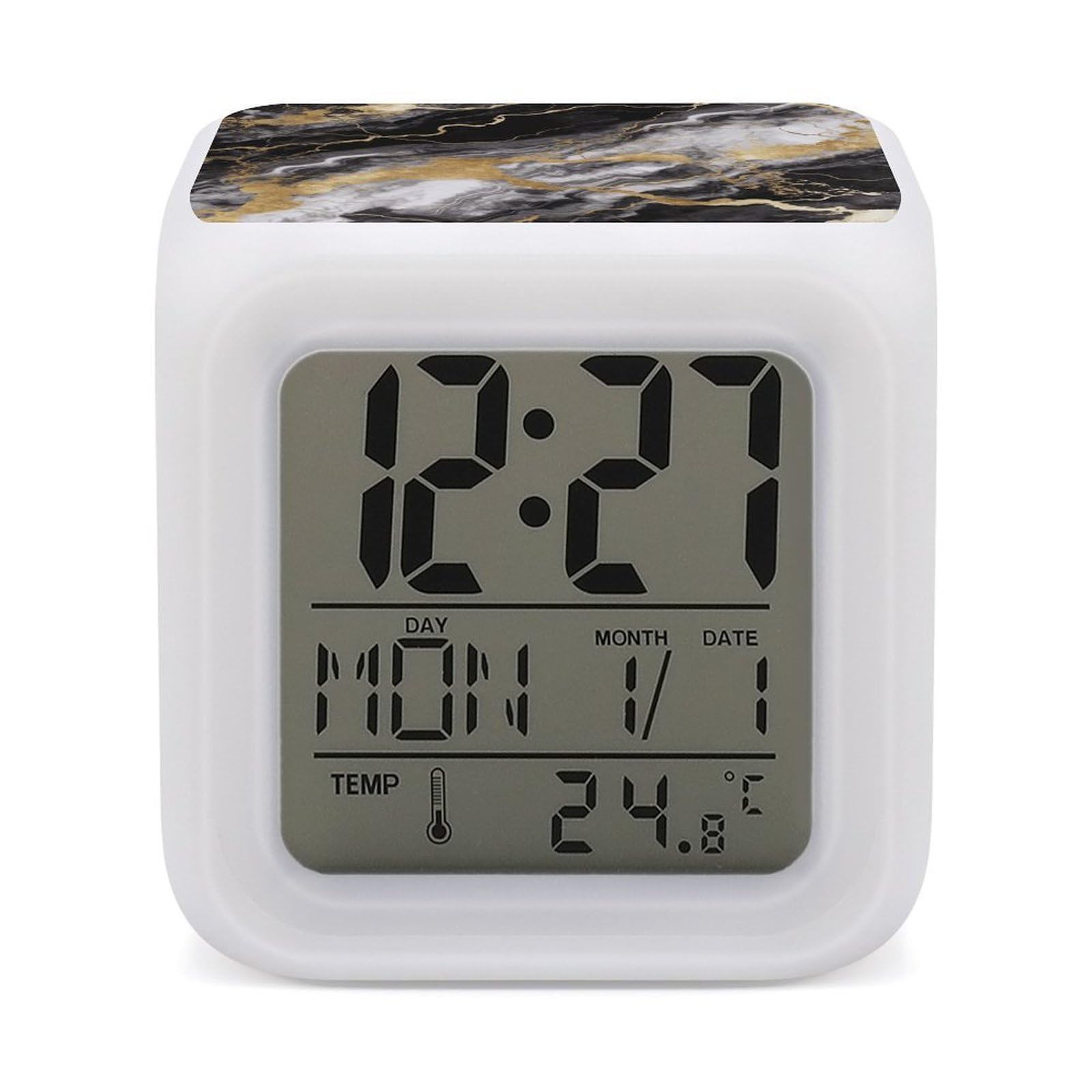 VstaDank Black White Gold Foil Marble Digital Alarm Clock LED Display Screen Color Change Alarms Clock Smart Alarm Clock Wake Up Digital Clocks with 7 Color Nightlight for Bedroom