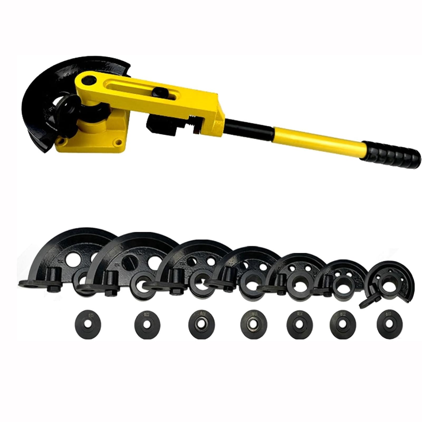 YXZQLOZ Manual pipe bender with 7 bending dies, suitable for 10-25mm copper and aluminum pipes, with 180° bending function, for air conditioning and automotive repair. (Plastic box)