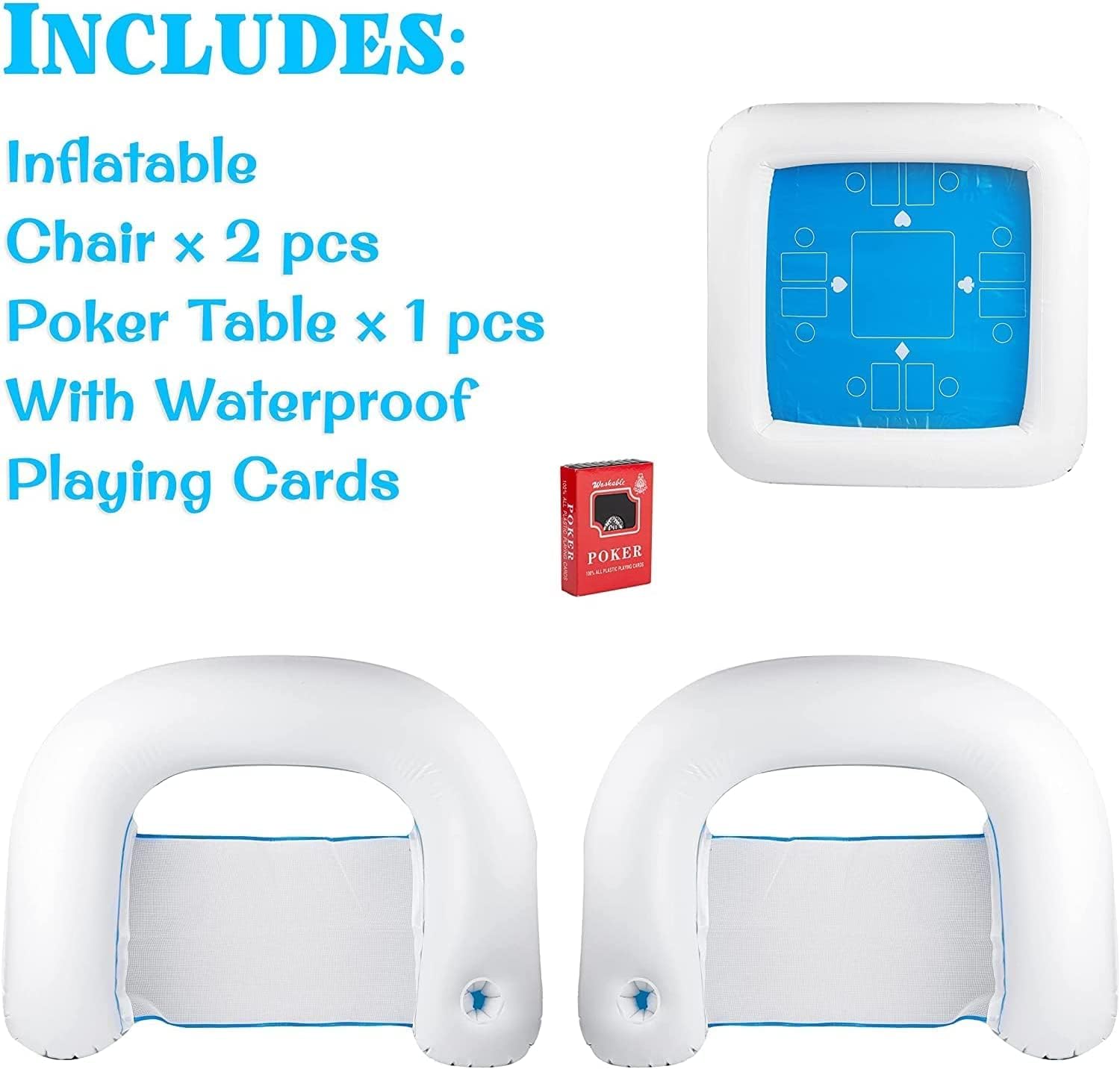 Zento Table for Pool Inflatable Game Station Set with Waterproof Playing Cards Poker Game Deck and Chairs - Card Table with Inflatable Seats for Fun in The Water by The Beach Pool (2 Packs)