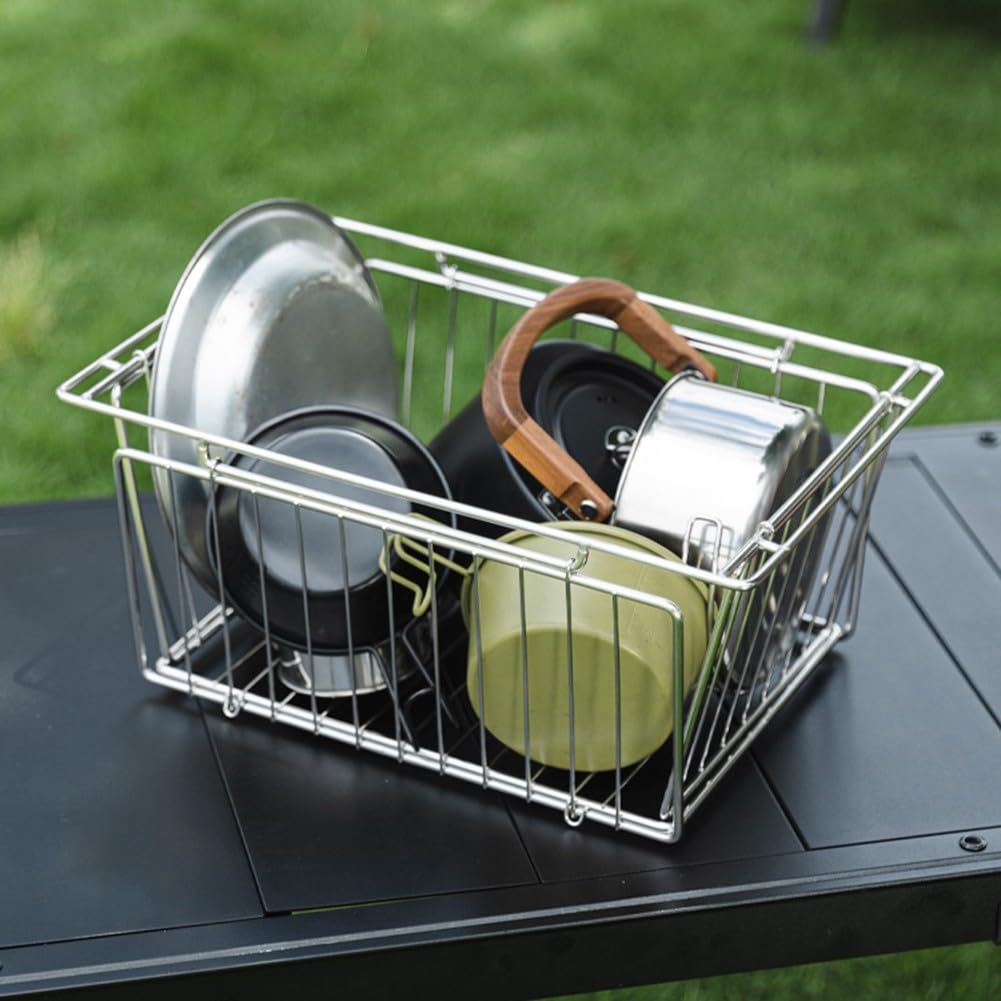 Cesta de drenaje de acero inoxidable para mesa IGT, 35,5 cm, 16 cm, 21 cm, plegable para cocina al aire libre, solución de almacenamiento de lavado y drenaje
