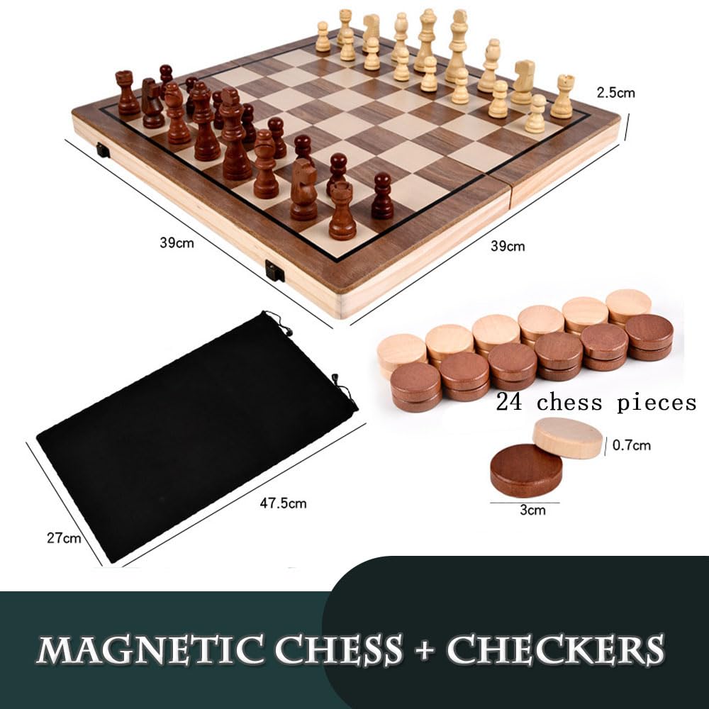 Ajedrez Ajedrez estándar internacional plegable, damas y ajedrez, juego de mesa de madera magnético 2 en 1, caja de almacenamiento de 15 pulgadas, bolsa para 2 jugadores ajedrez clásico