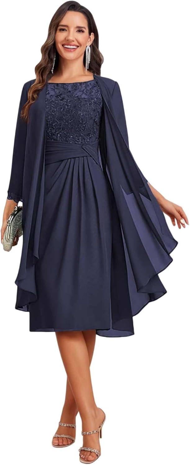 2 Piece Mother of The Bride Dresses Knee Length Lace Chiffon Long Sleeves Formal Wedding Guest Dress for Women